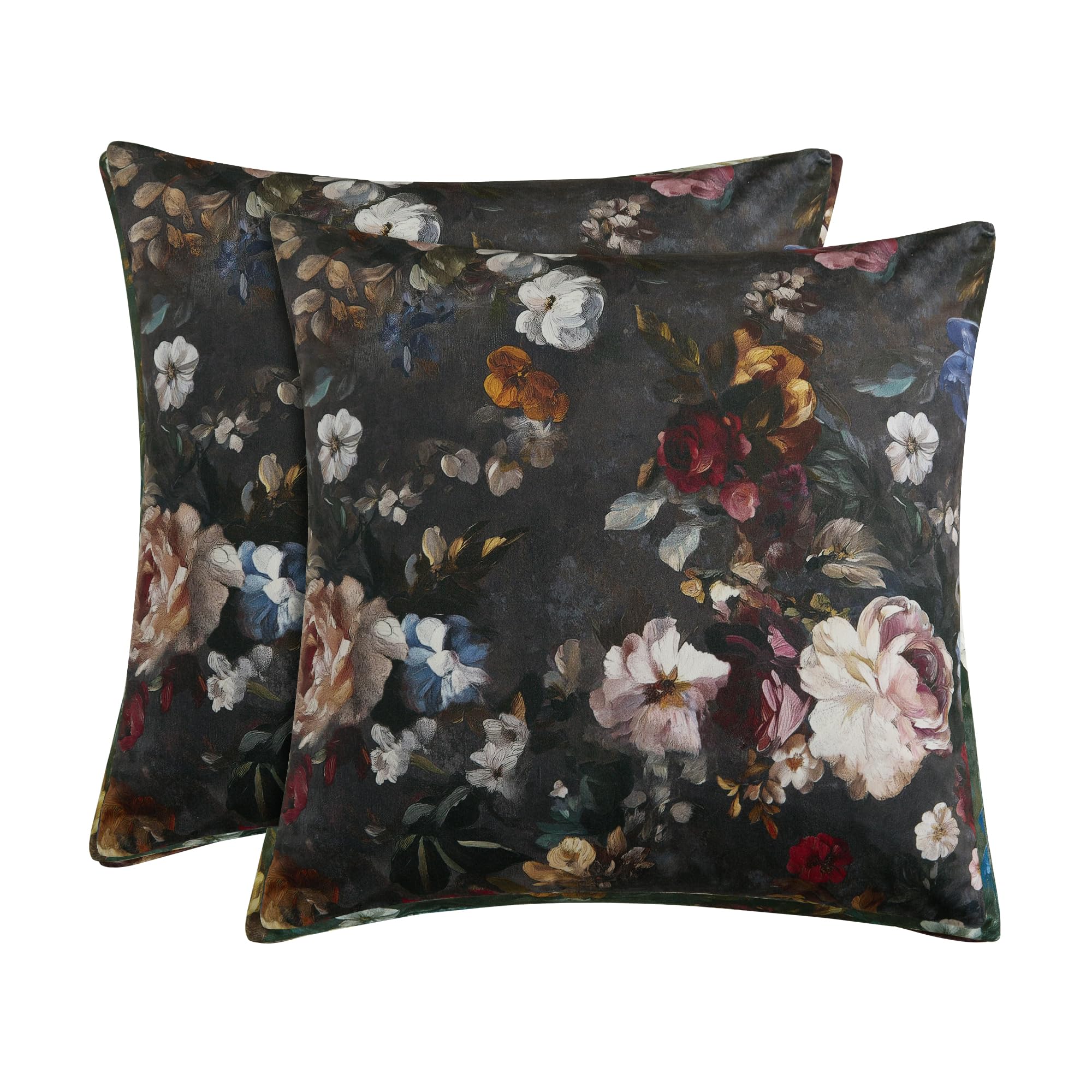 StangH Vintage Floral Throw Covers Pack of 2, Super Soft 18x18 inch Velvet Decorative Square Cushion Covers Blossom Oil Painting Boho Classic Home Decor for Living Room Sofa, Charcoal