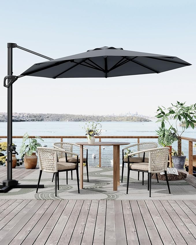 10FT Cantilever Umbrella Outdoor Patio Umbrella w/Base Included Market Offset Umbrella Sun Shade Windproof with 360-Degree Rotation for Patio Garden Deck Pool, Navy Blue