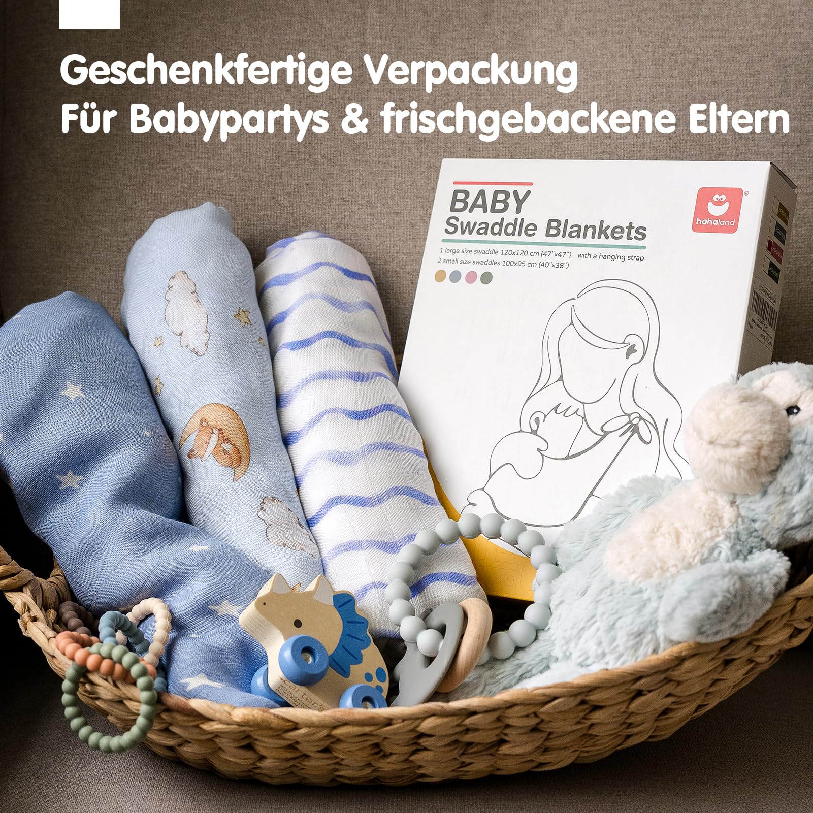 hahaland Mulltücher Baby aus 100% Bambusfaser Musselin – 3er Set (120×120 + 2×100×100 cm),Besonders Atmungsaktiv & Weich,Stilltuch, Swaddle, Spucktuch, Baby Erstausstattung Neugeborenen Geschenk Blau