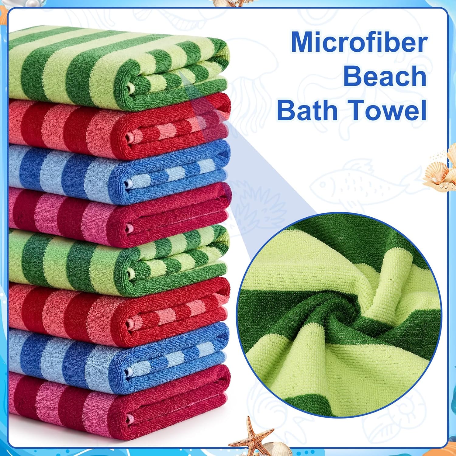 Gilprop 8 Packs Oversized Stripe Beach Towels Microfiber Pool Towel with Bags & Clips Soft Absorbent Quick Dry Camping Towels for Women Men Travel Families Swim (60×30 in,Multicolor)