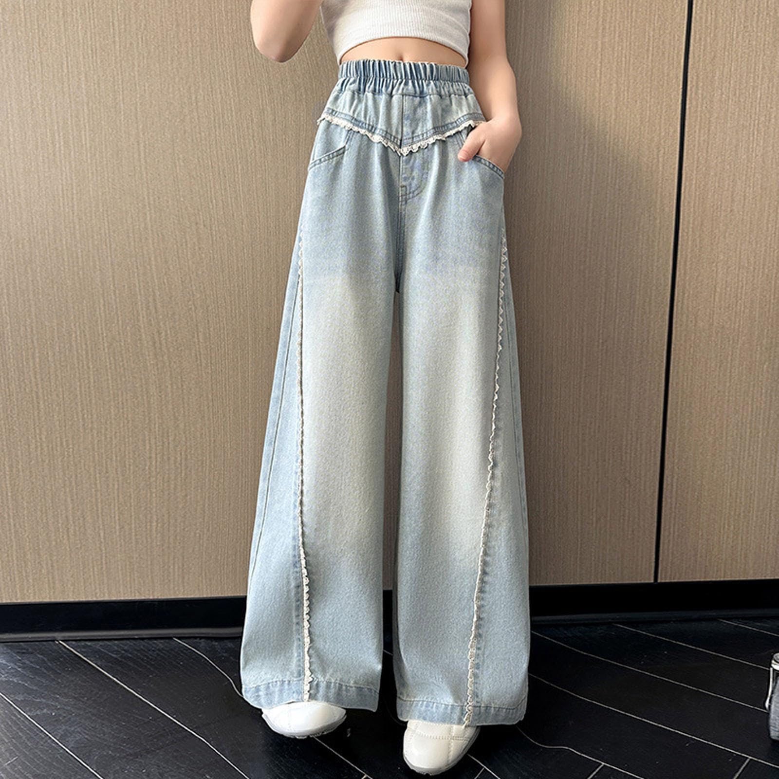 Generico Pantaloni Bianchi Bambino-Pantalones Vaqueros de pierna ancha para Niñas, Moda de Verano, informales, de Cintura Alta, acampanados, Estilo bohemio, con ribete de Encaje