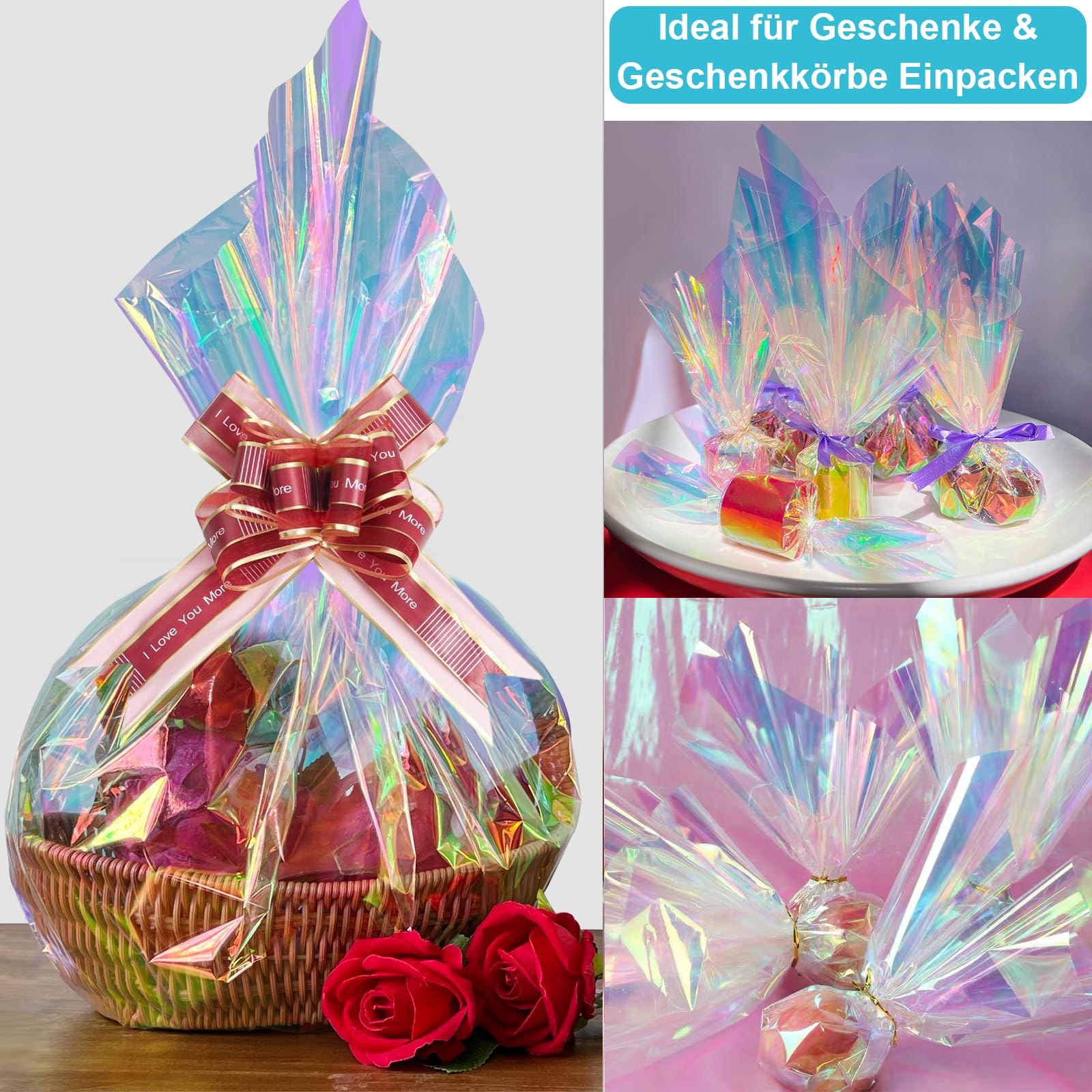 86CM x 15M Cellophanfolie Rolle, Irisierende Cellophan Transparent Geschenkfolie Regenbogen Zellophan Schillernd Verpackungsfolie Rolle Für Hochzeit, Blume, Geschenk Baskt, Leckereien, Weihnachten