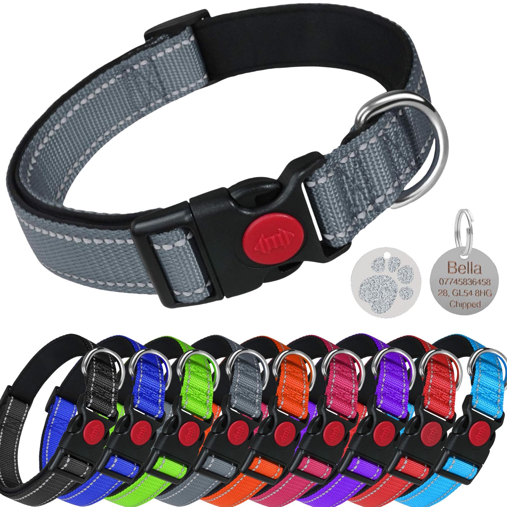 LARRYROO Reflective Dog Soft Padded Nylon Collar | Slide Lock Safety Buckle | Fully Adjustable With Personalised Engraved Round Paw Print Glitter Tag (Grey, Large (40cm - 60cm Neck))