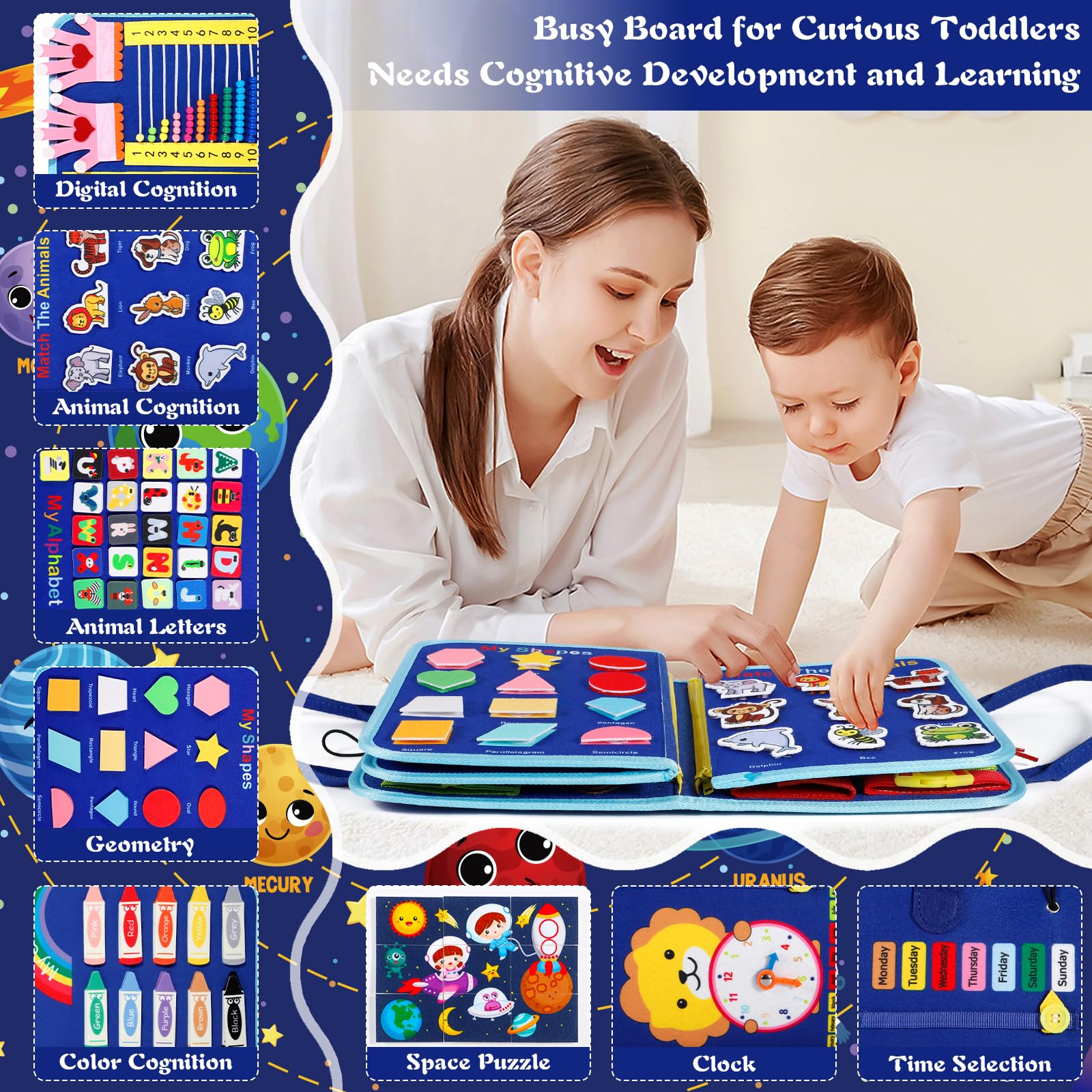 Busy Board para Niños,Juguete Educativo Montessori 9en1,Tablero Sensorial de 5 Capas en Fieltro Suave,Aprendizaje de Habilidades de Vida y Motricidad Fina,Juguete Portátil para Viajes,Regalo 1-5 Años