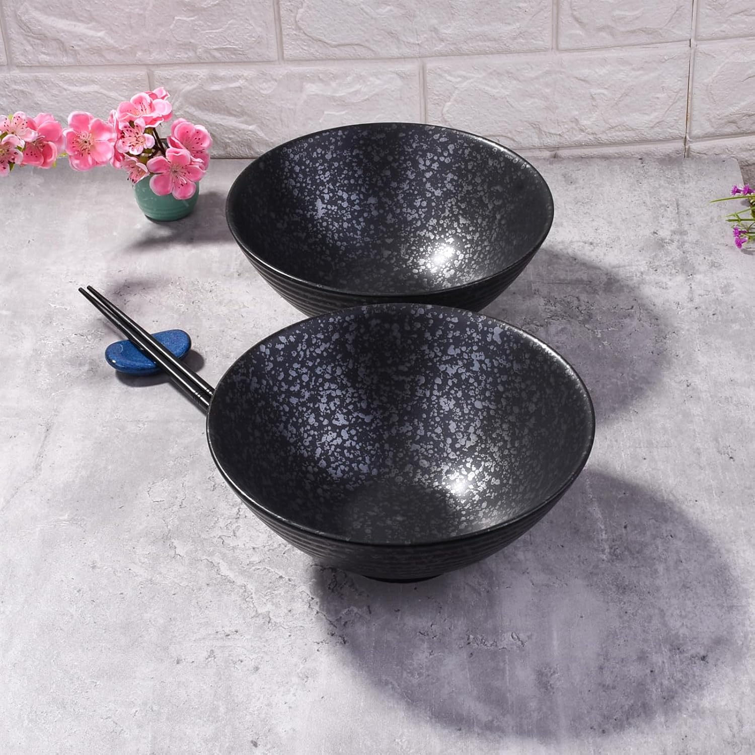 Japanese Ceramic Noodle Bowl Set of 2, 8.2 Inch Black Ramen Pho Bowls image 3