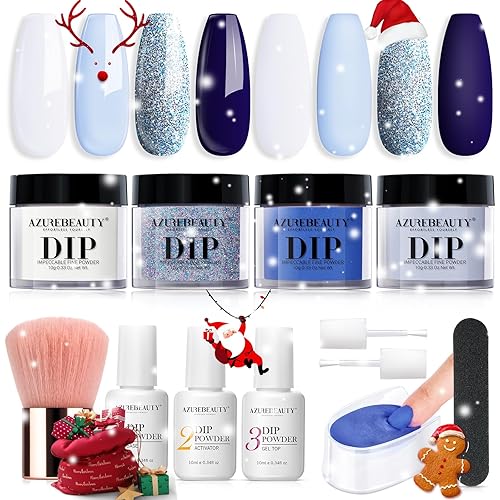 AZUREBEAUTY Christmas Dip Powder Nail Kit Winter White Navy Blue Glitter 4 Colors Acrylic Dipping Powder Liquid Set with Base/Top Coat Activator for French Nail Art Manicure DIY Gift for Women