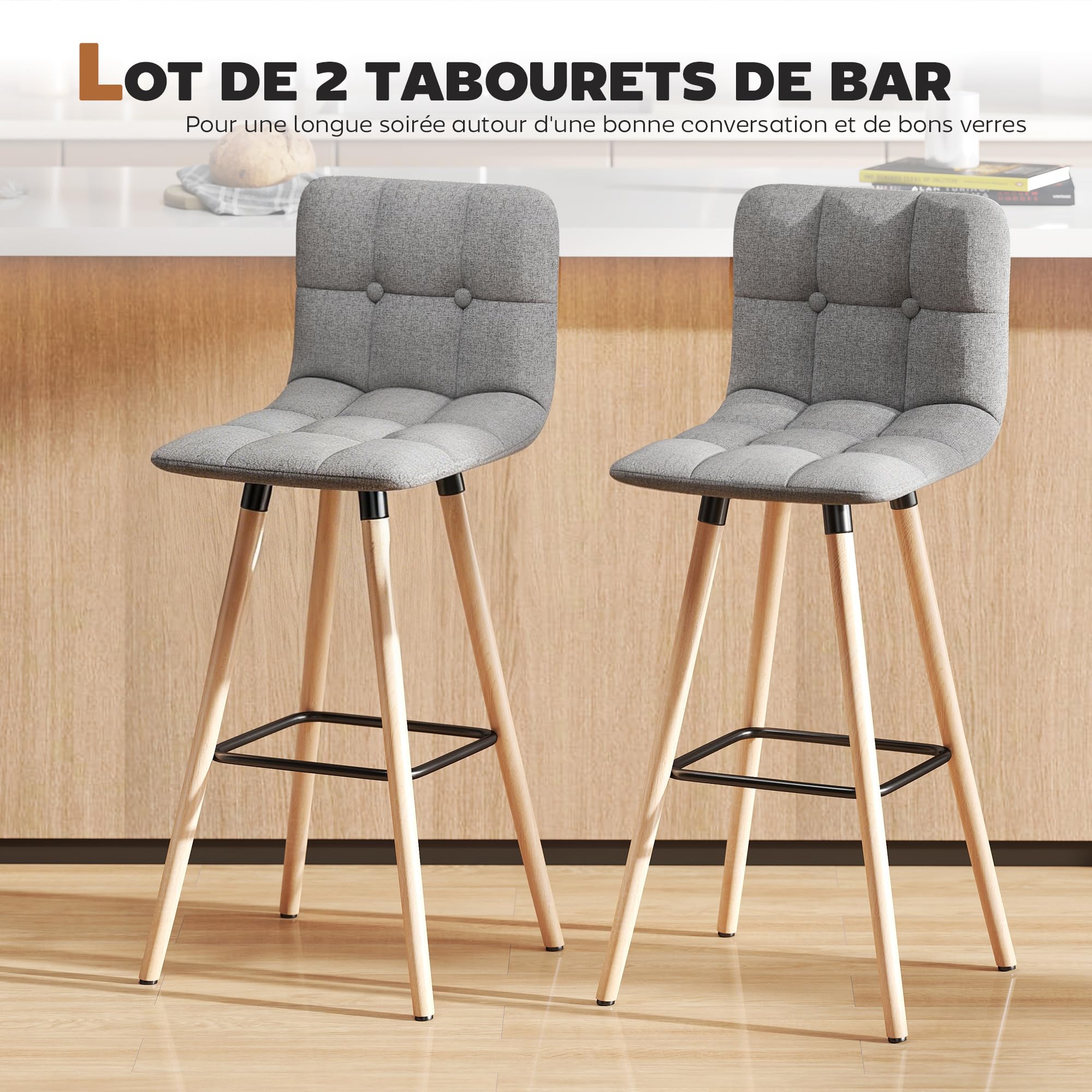 HOMCOM Lot de 2 Tabourets de Bar Dossier Pieds Bois Assise 70,5 cm Gris