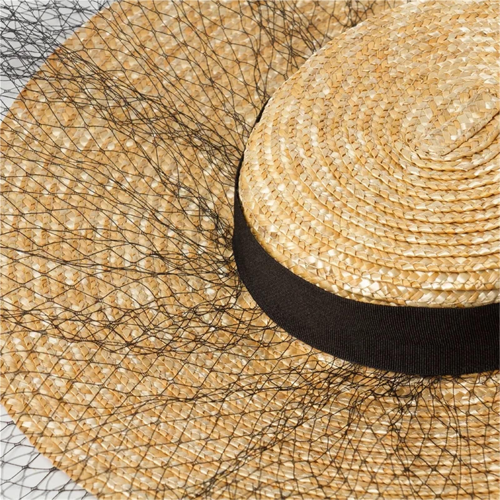 Generico Cappello di Paglia da Donna di Altezza Corta con Nastri Neri Copricapo di Paglia Superiore con Clip Artigianali