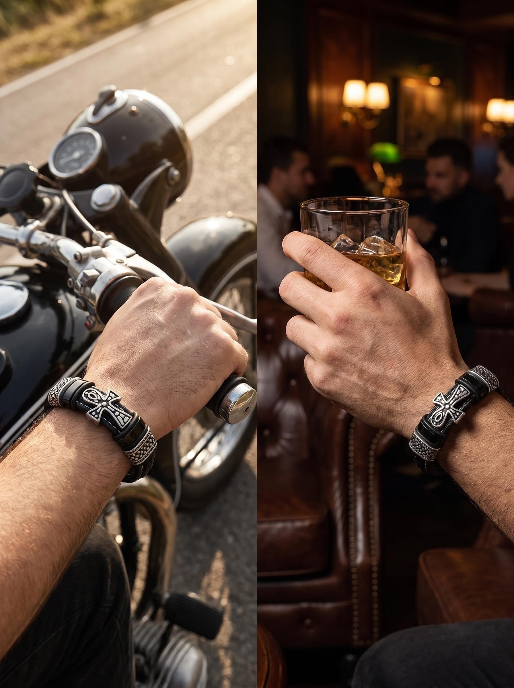 Bracelet en cuir et acier inoxydable avec croix pour homme