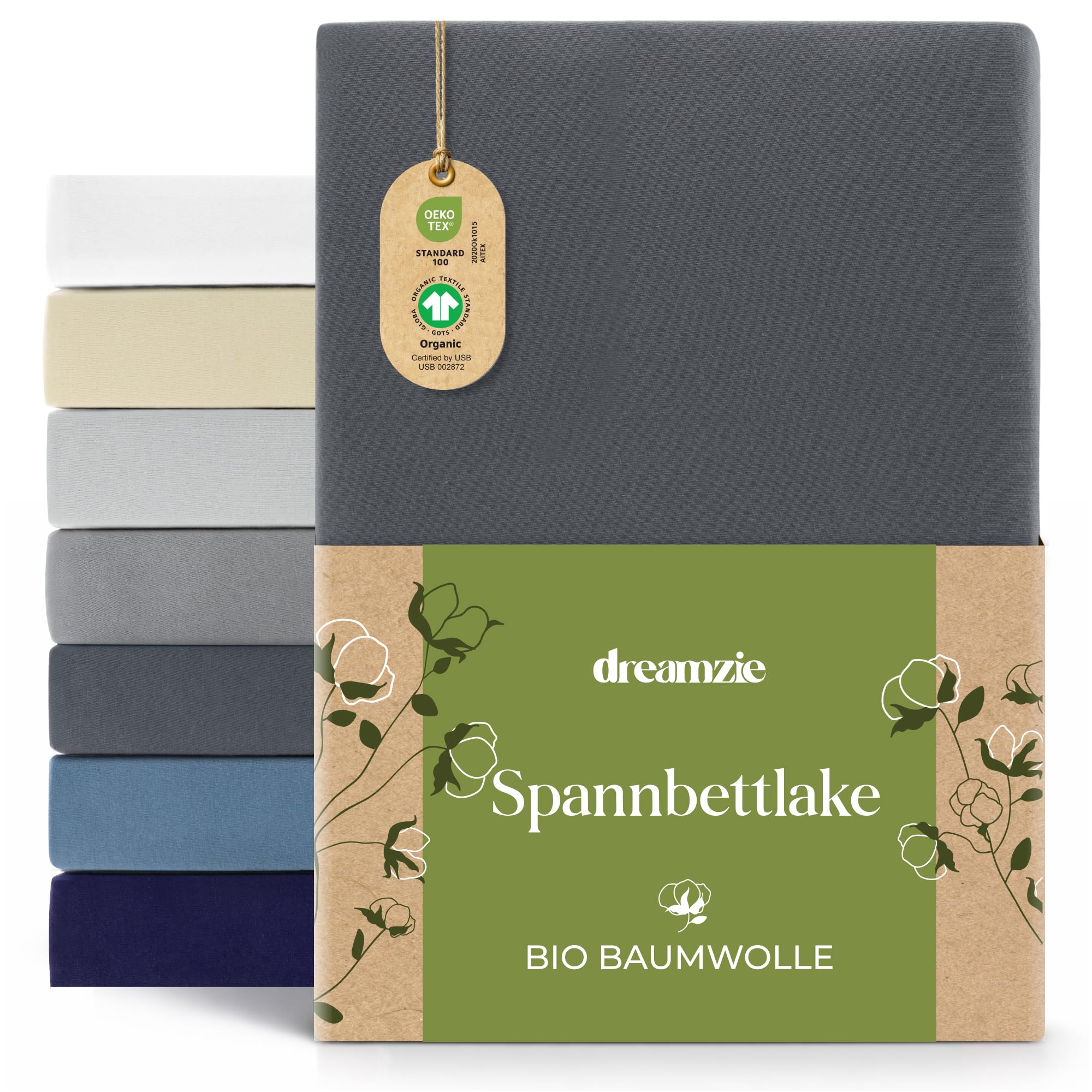 Dreamzie Premium Spannbettlaken 140x200cm bis 160x200cm Dunkelgrau, Spannbetttuch aus 100% Jersey Biobaumwolle, 150 g/m² - Oeko-TEX