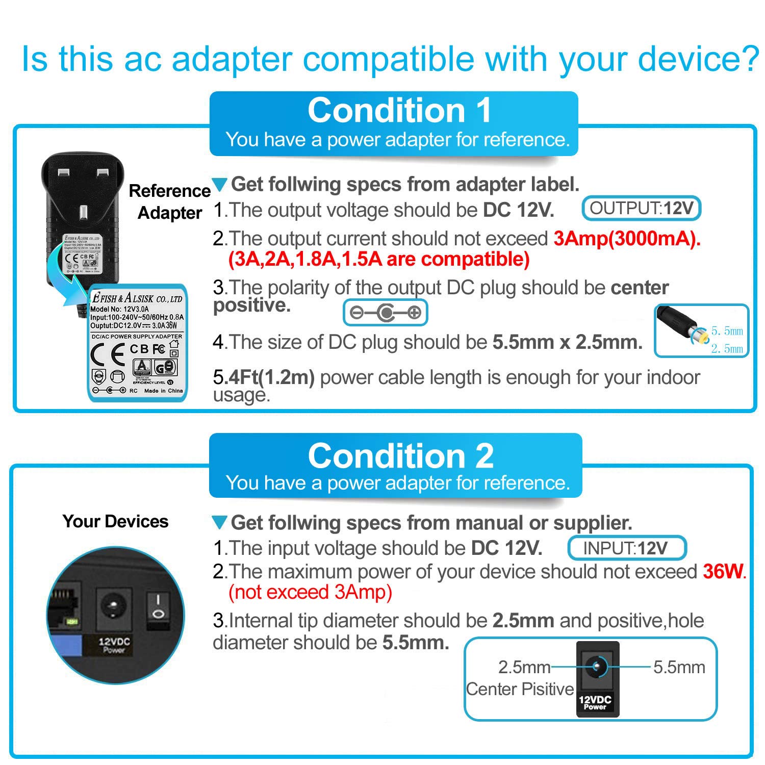 EFISH 12V 3A 36W Power Supply,AC to DC Adapter with 7 Selectable Adapter Conversion Heads fit for Led Strips,CCTV Camera,Cisco Router,Router,Alarm bell,Case Fan,CE Approved — view 4