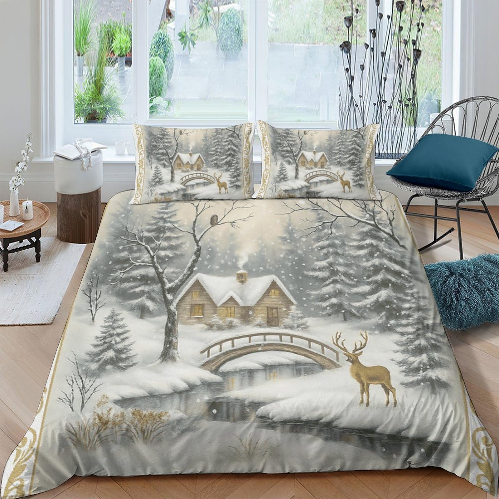 Ctjqhvkz Style-3 3D Printed Winter Cabin Fitted Sheet Microfiber Soft Breathable Snowy Forest Mattress Cover For Bedroom Decor Single（135X200cm）