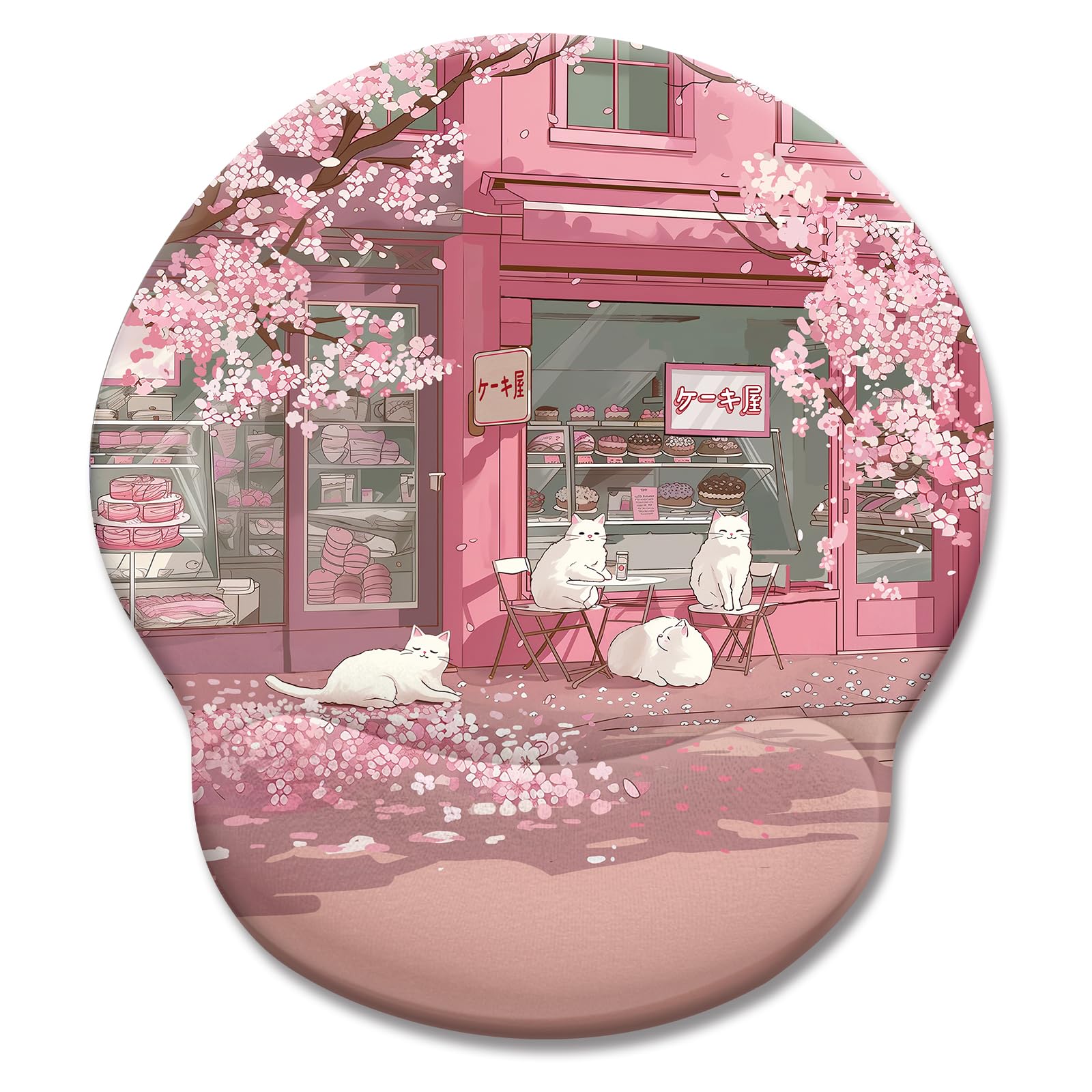 LIMKRIAN Cat Ergonomic Mouse Pad with Wrist Rest, Pink Cherry Blossom Computer Mouse Pad Wrist Support with Non-Slip Pain Relief PU Base, Cute Office Desk Decor Accessories Japanese Dessert House โ image 1
