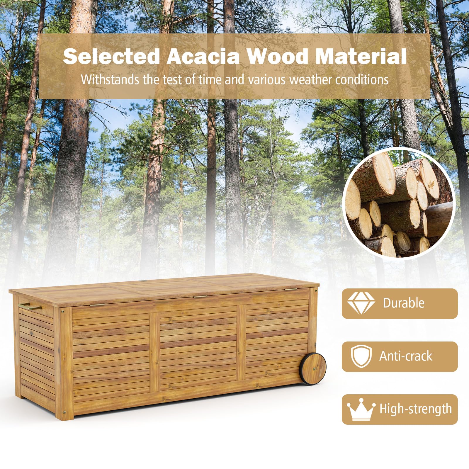 GIANTEX Cassapanca da Giardino in Legno di Acacia 182 L Contenitore con Ruote 127 x 50 x 45 cm