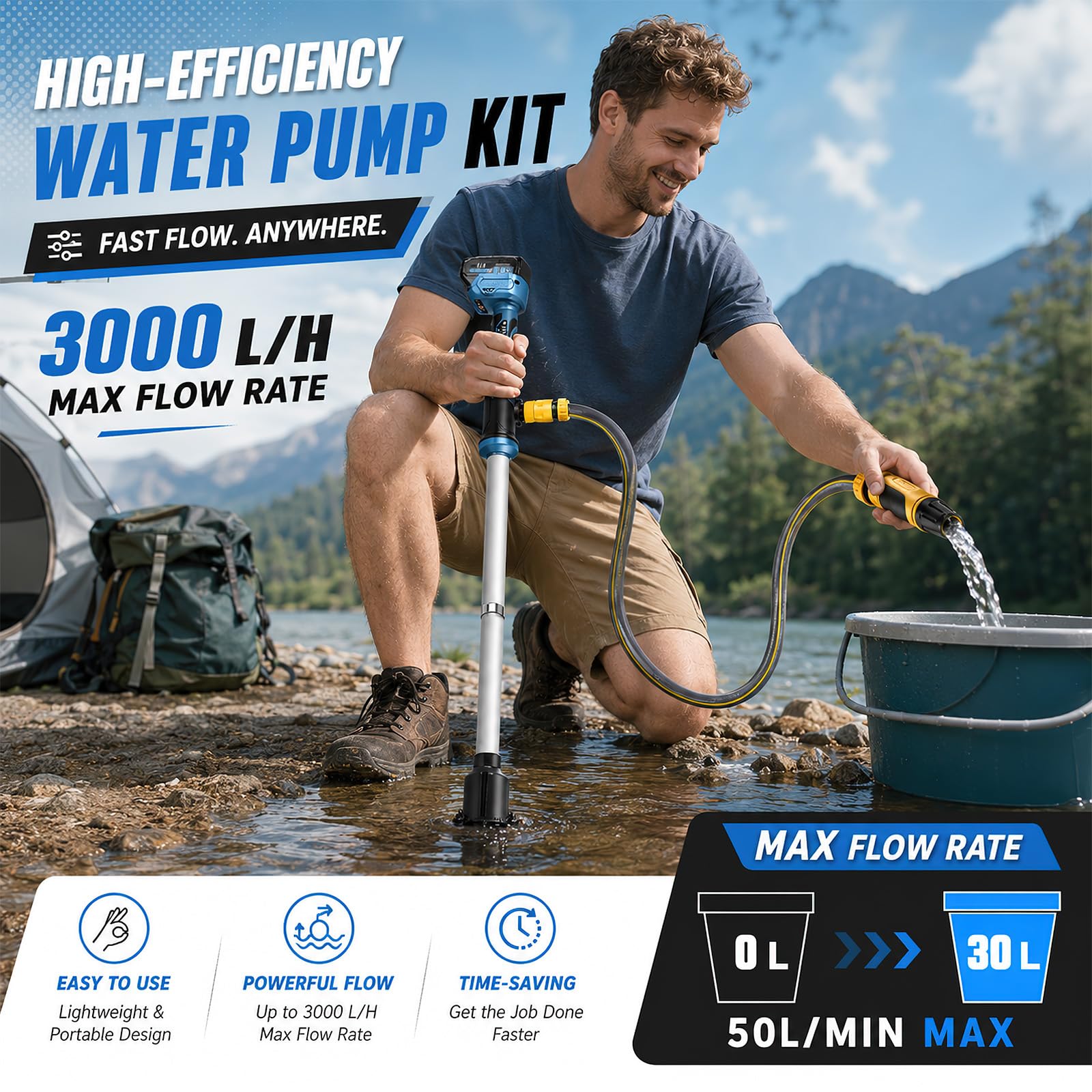 Akku-Tauchdruck/Regenfasspumpe für Makita 18V Akku, max. 3000 L/h Kabellose Stabwasserpumpe, 6m Förderhöhe, kabellose Hauswasserpumpe für Regentonnen Zisternen Garten Bewässerung (0 Batterie)
