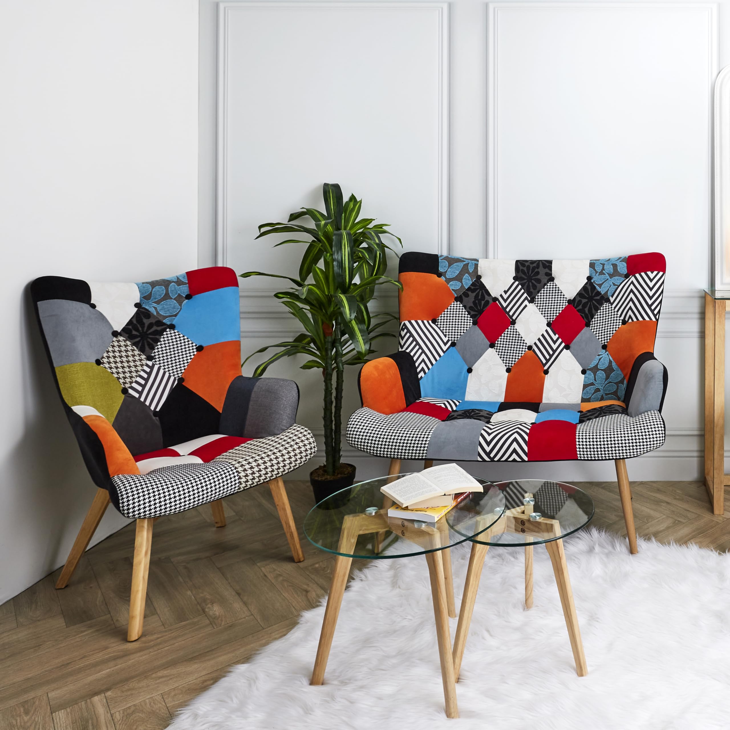 HOME DECO FACTORY Bilderrahmen-Set 10-teilig Verschiedene Größen Schwarz | Sessel aus Holz, Metall und Stoff im Patchwork-Stil, skandinavisches, bequeme Sitzfläche, Wohn-/Esszimmer, 66x99,5x72cm