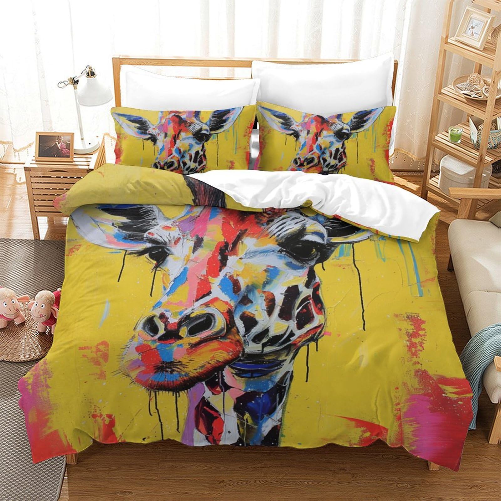 VFKLZCNYR Colored Giraffe Bedding Duvet Set Quilt Cover Set Bedspread Bedroom with Pillow Cases With Zipper Closure Soft Microfiber Bedding Set Double（200x200cm）