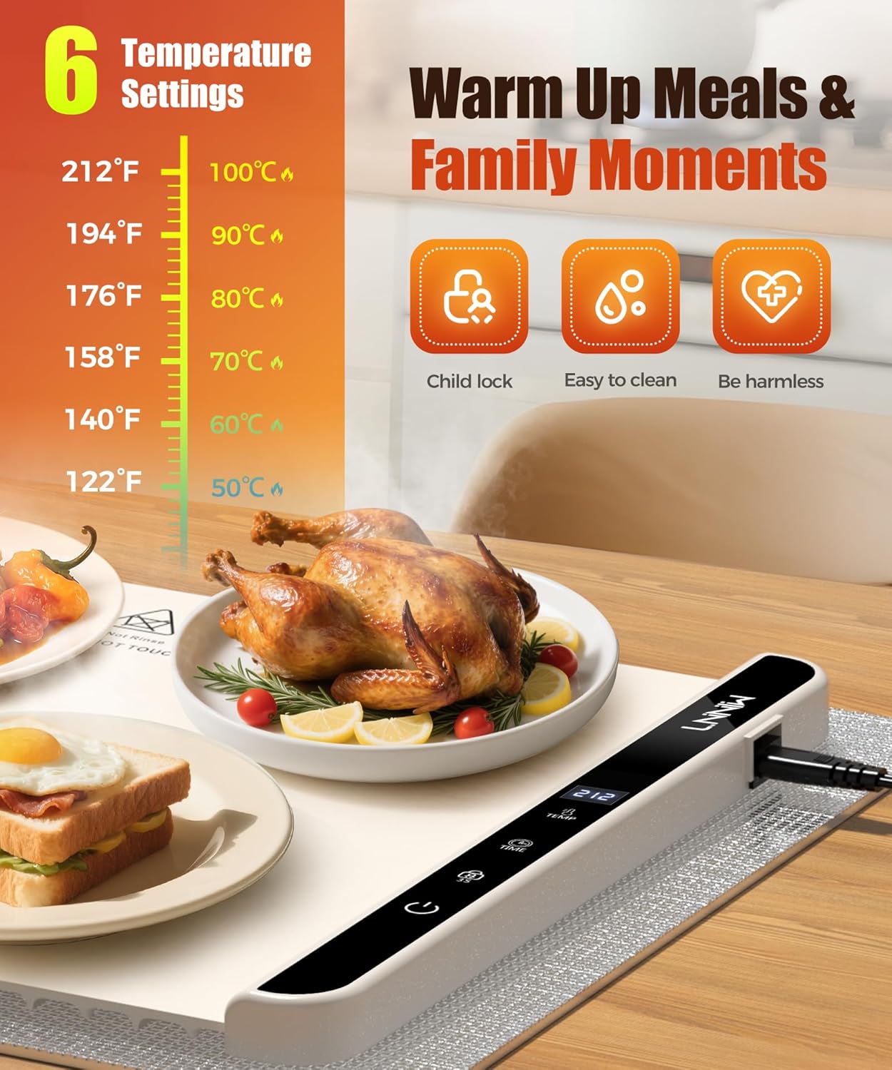 26x15 Inch Food Warming Mat - Electric Design with Heat-Resistant Pad, 6 Temp Modes, 6 Timer Options & Child Lock, Perfect for Family Gatherings & Everyday Meals - Image 2