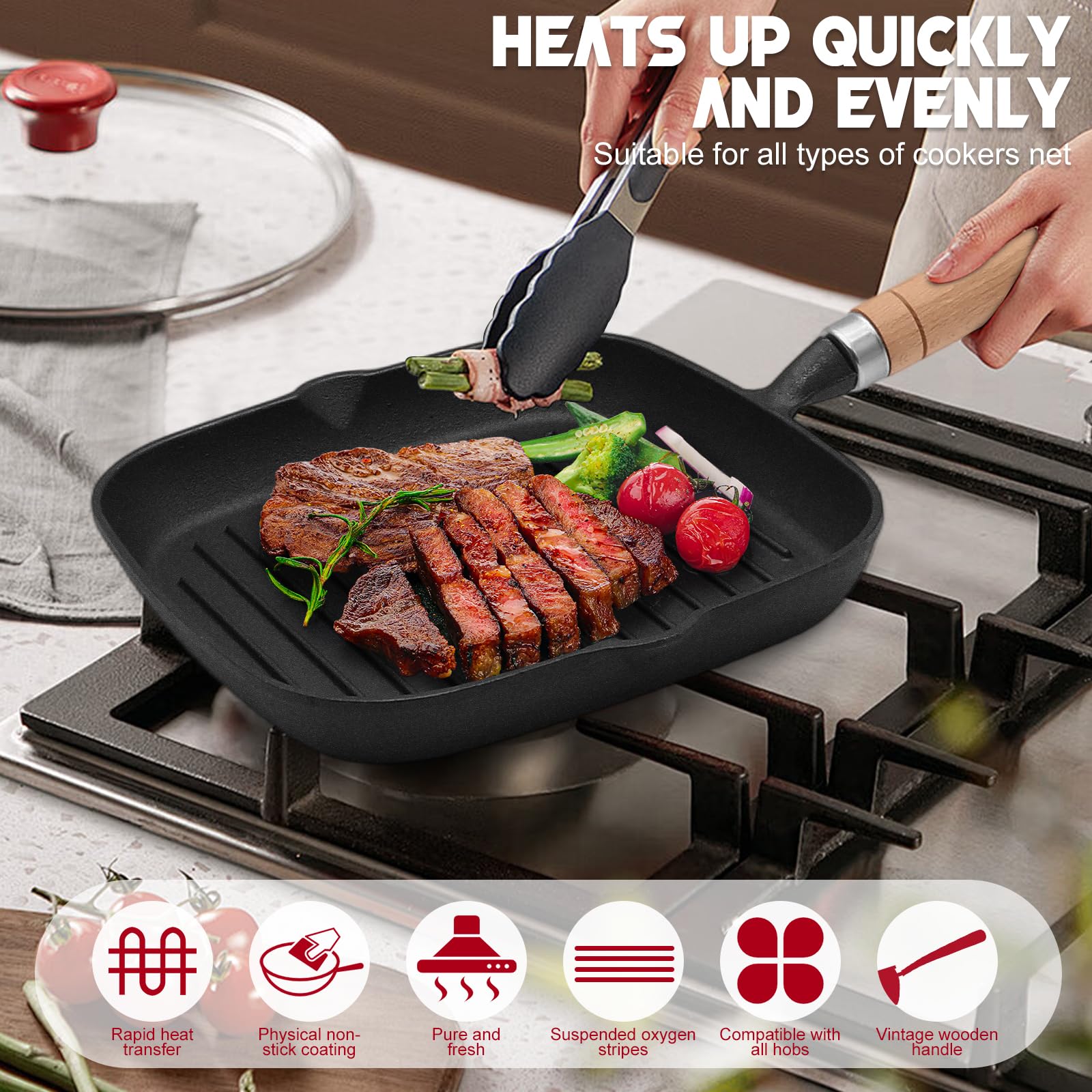 Set 2 Pezzi Padelle in Alluminio Pressofuso: Bistecchiera 23cm + Padella per Uova a 4 Fori, Rivestimento Antiaderente, Manico Removibile, Induzione e Forno