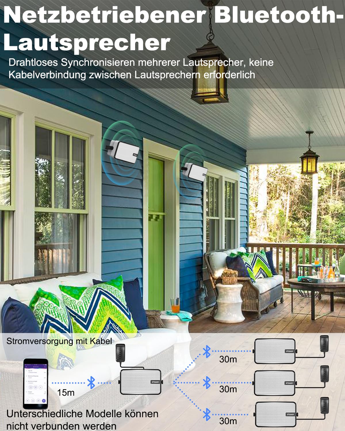 Inwa 400W Bluetooth Outdoor Lautsprecher, Wireless Soundsystem für den Innen- und Outdoor, IPX5 Wasserfest(2 Stück, Bluetooth-Name: Sync Speaker, Modell: MZ621, RMS 40W)