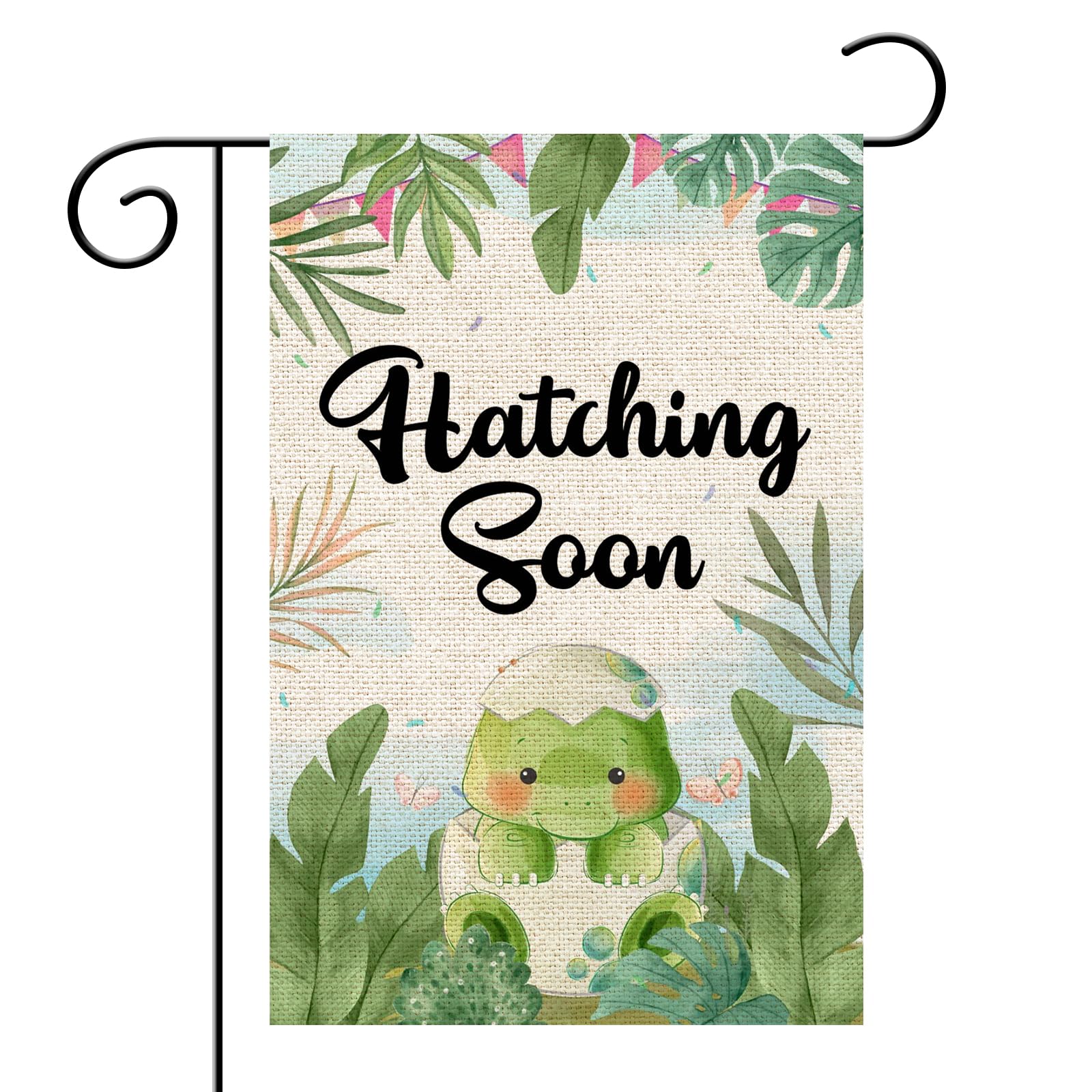 HelewilkHatching Soon Garden Flag, Burlap Vertical Double Sided, Dinosaur Theme Birthday Party Yard Sign Decoration, Baby Shower/Baby Announcement/Gender Reveal Party Garden Banner, Welcome Home Baby