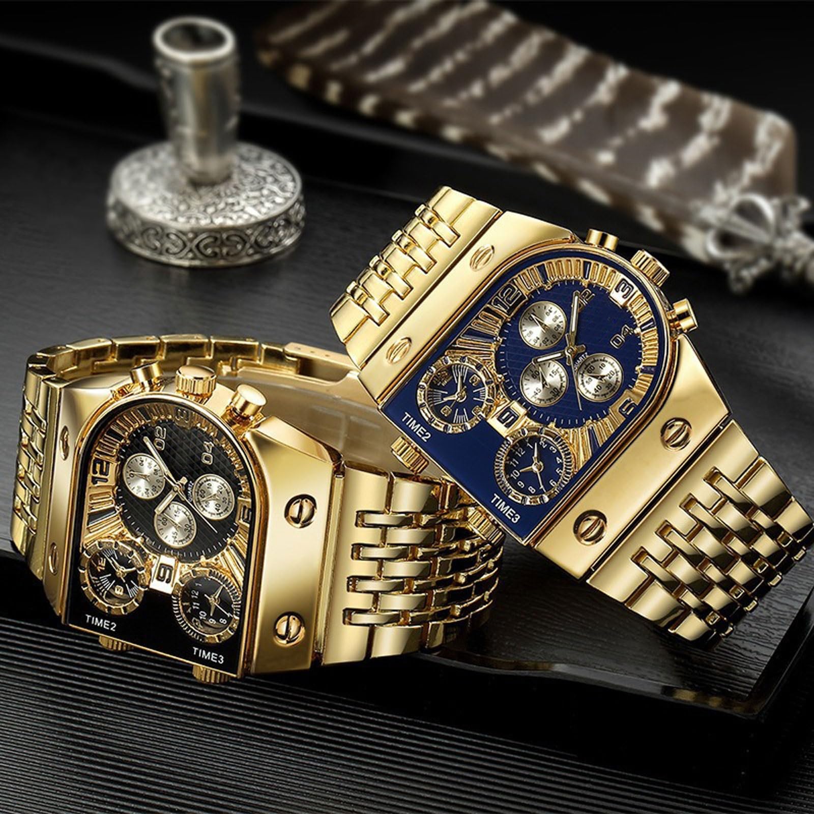 Reloj Luminoso for Hombre, multizona horaria, Esfera Grande, Reloj de Pulsera de Cuarzo con Correa de Acero, Accesorios Formales for Hombre. Reloj de Pulsera