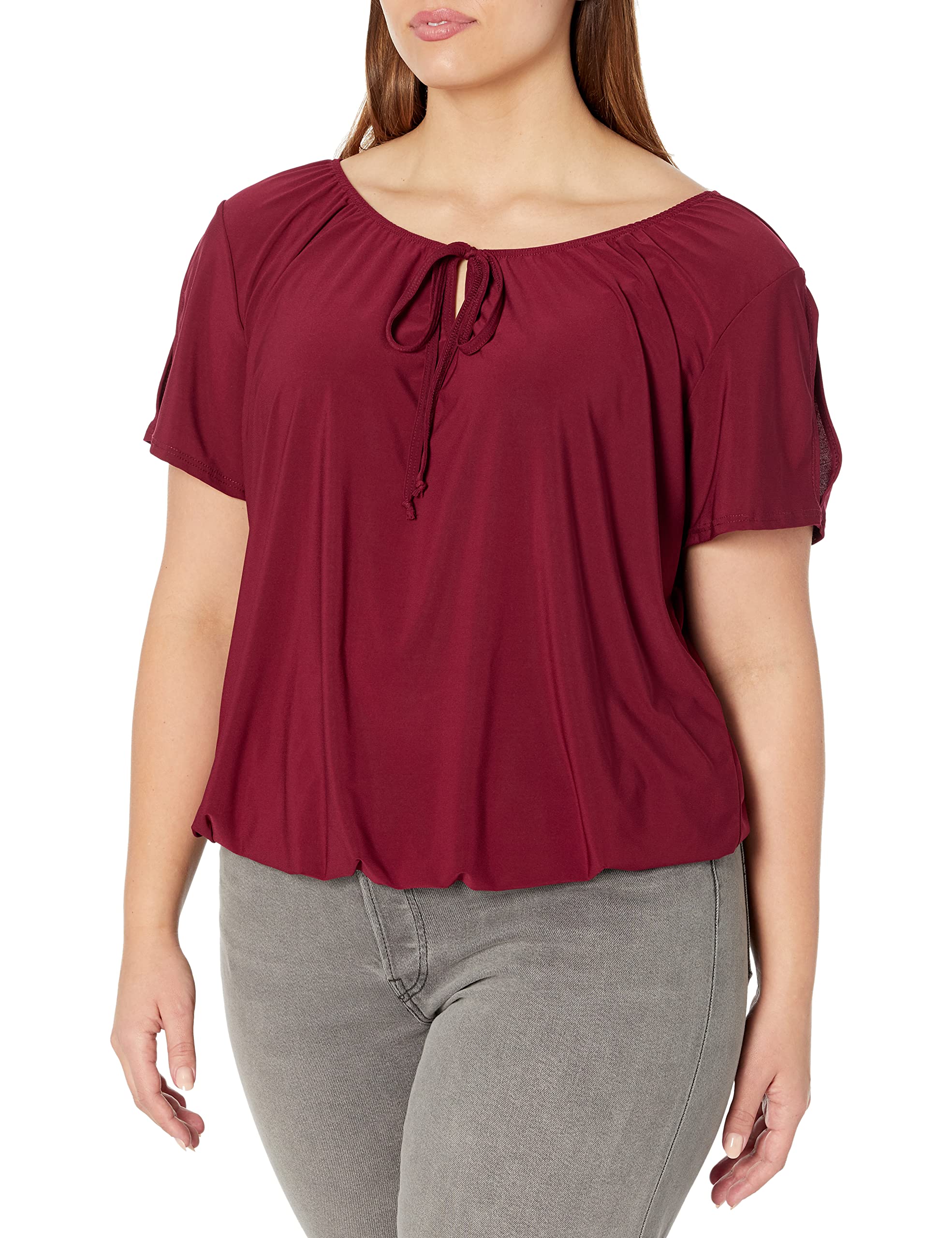Star Vixen Women's Plus-Size Slit SLV Keyhole-Tie Knit Peasant w Bubble Hem Top Tunic Shirt, Burgundy, 3X