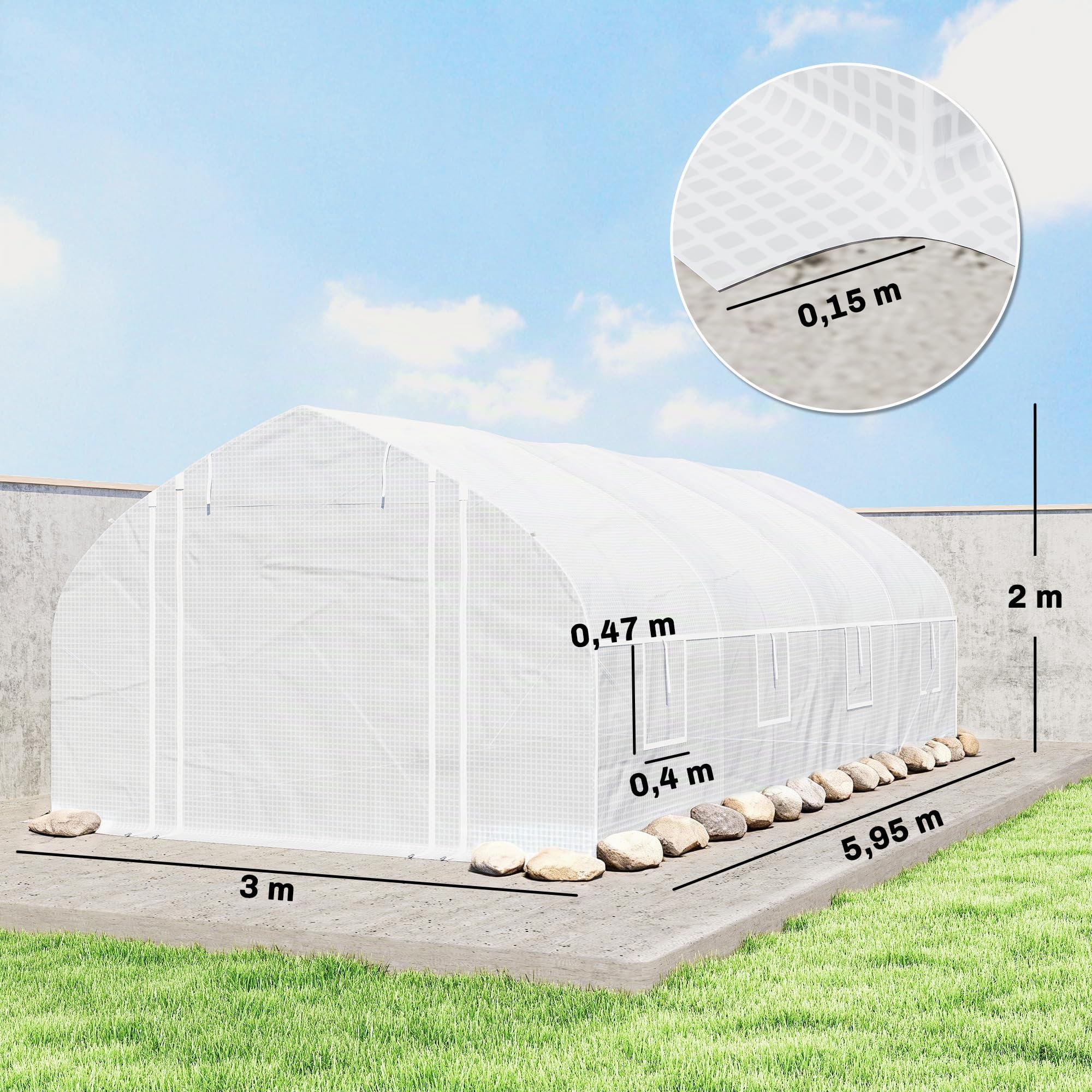 Outsunny Invernadero de Exterior Invernadero de Túnel 6x3x2 m Blanco | 8 Ventanas, Cubierta de PE Anti-UV, Puerta Enrollable con Cremallera, Paredes Laterales con Malla, para Cultivos, Plantas