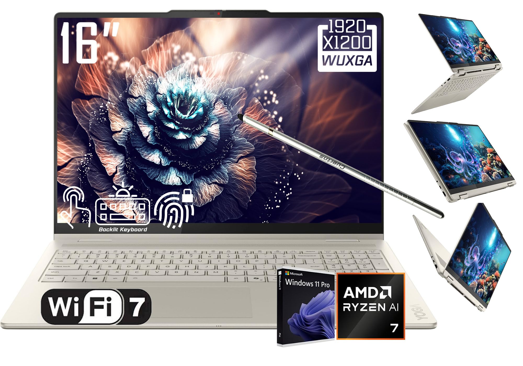 Lenovo Yoga 7 2-in-1 Laptop, 16" 2K LCD Touchscreen, AMD 8-Core Ryzen AI 7 350(>Intel i7-1355U), AI Copilot, 16GB LPDDR5X, 2TB SSD, WiFi 7, Backlit KB, Fingerprint, FHD Webcam, W/Stylus, Win 11 PRO
