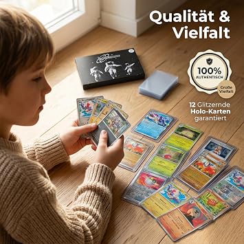 100 Card Set - Pokemon Cards English - Original Pokemon Trading Cards Including 12 Holo/Reverse Holo + 100 Card Sleeves - No Duplicates - Trading Cards Gift Box - Gift for Children & Collectors