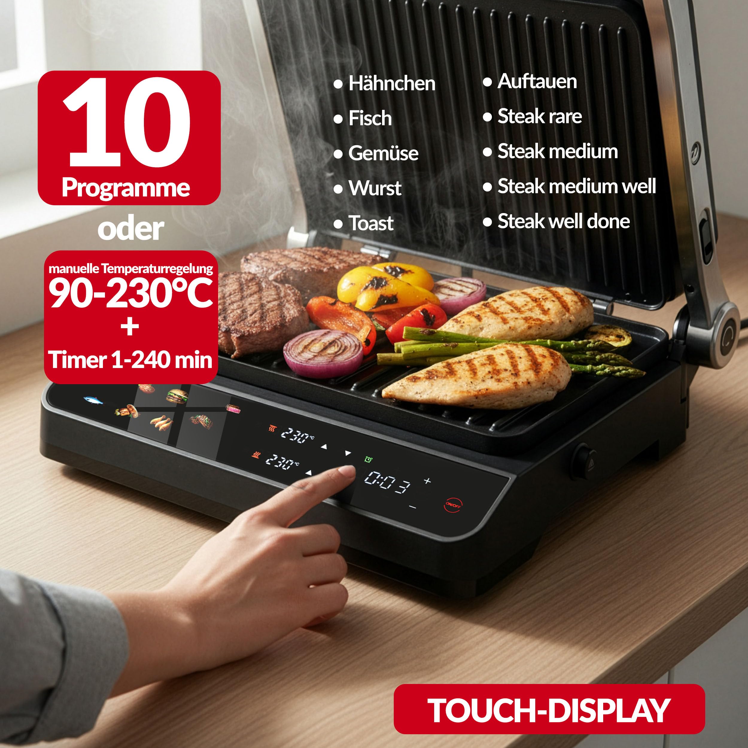 LEHMANN Kontaktgrill, 2000 W, Tischgrill 180° aufklappbar, Abnehmbare Antihaftplatten, Display: 10 Programme, Temperaturregelung 90-230°C, Timer 1-240 min, Elektrogrill für Toast, Steak, Panini