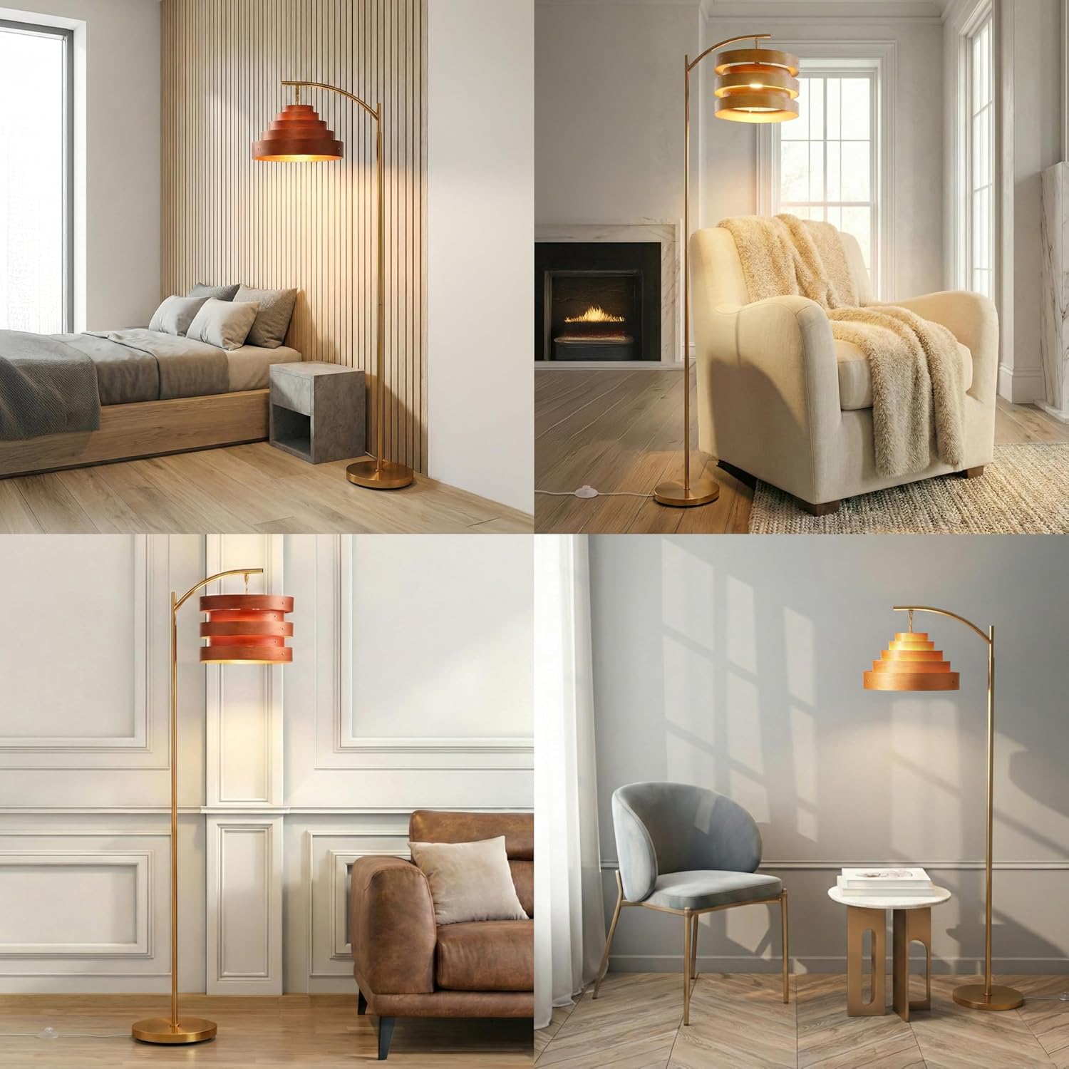 O’Bright Strata Wooden Floor Lamp - Mid Century Modern Standing Lamp with Layered Wood Shade, Tall Reading Lamp for Living Room, Bedroom, Office, Antique Brass, Dark Oak, Horizon Shade