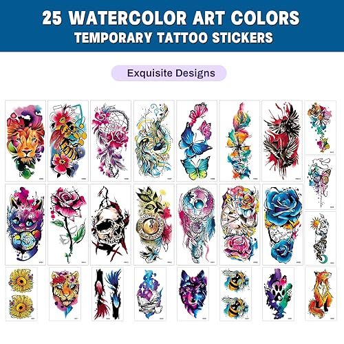 Miniatura 7 de Aresvns Tatuaje temporal de acuarela 3D, 14 hojas de rosas, flores, mariposa, león, tatuajes falsos para adultos, hombros y brazos, 11 hojas de