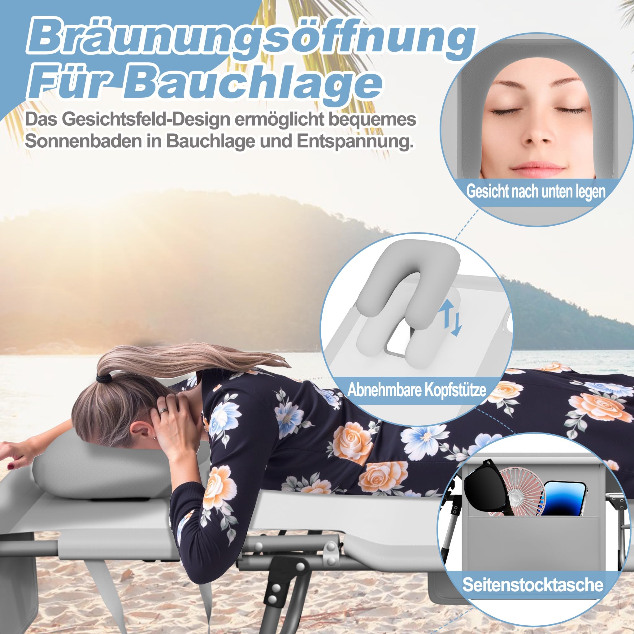 UISEBRT Faltbarer Sonnenliege 190cm – 4-Fach verstellbar Gartenliege mit Gesichtsausschnitt & abnehmbarem Kopfkissen,Liegestuhl belastbar bis 160kg mit Seitentasche für Pool Camping Terrasse,Hellgrau