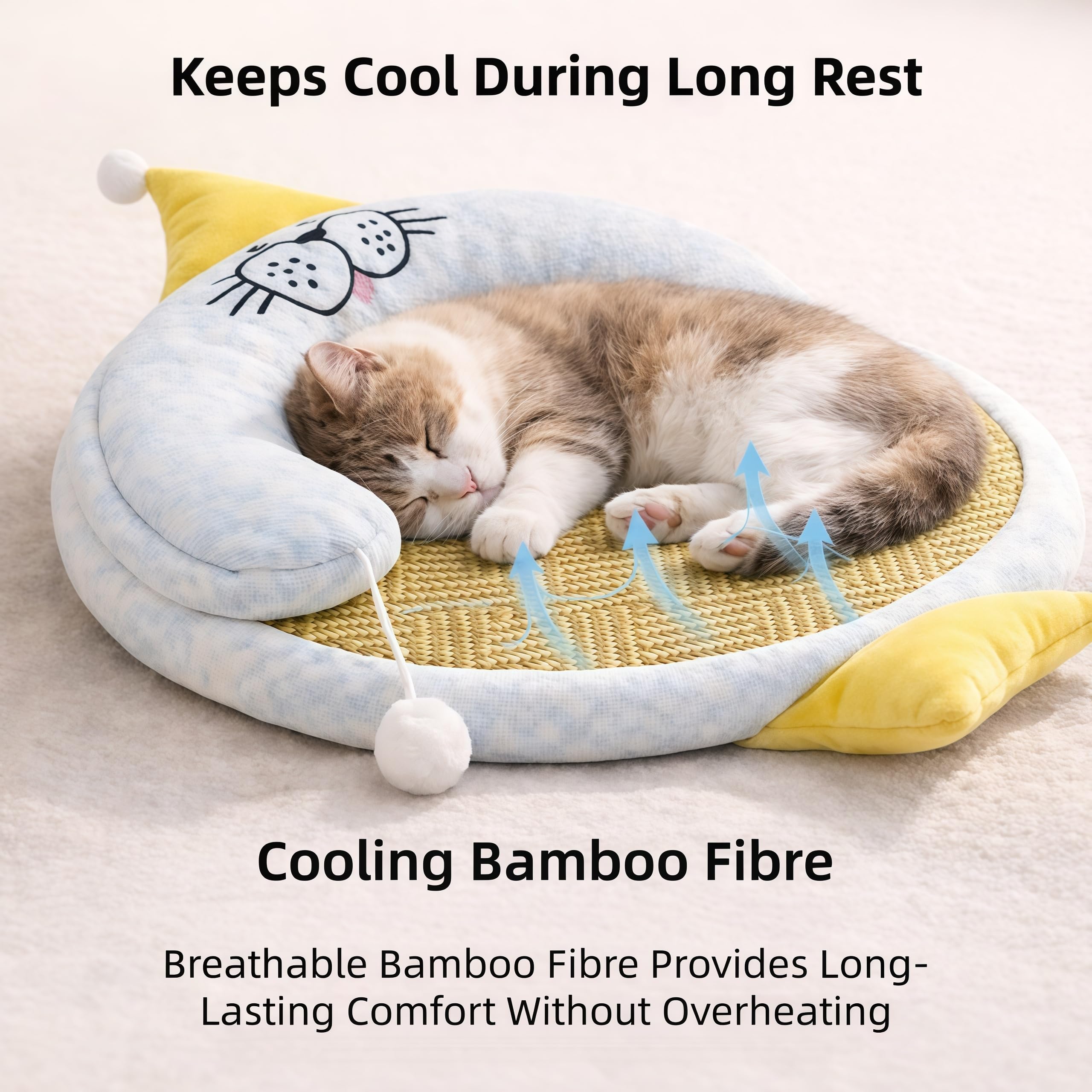 Kühlmatte Katze aus Bambusfaser, Katzenbett Blau 90 x 57 cm | Atmungsaktive Bambusmatte für Katzen mit weichem Kopfkissen, waschbarem Bezug und rutschfestem Boden