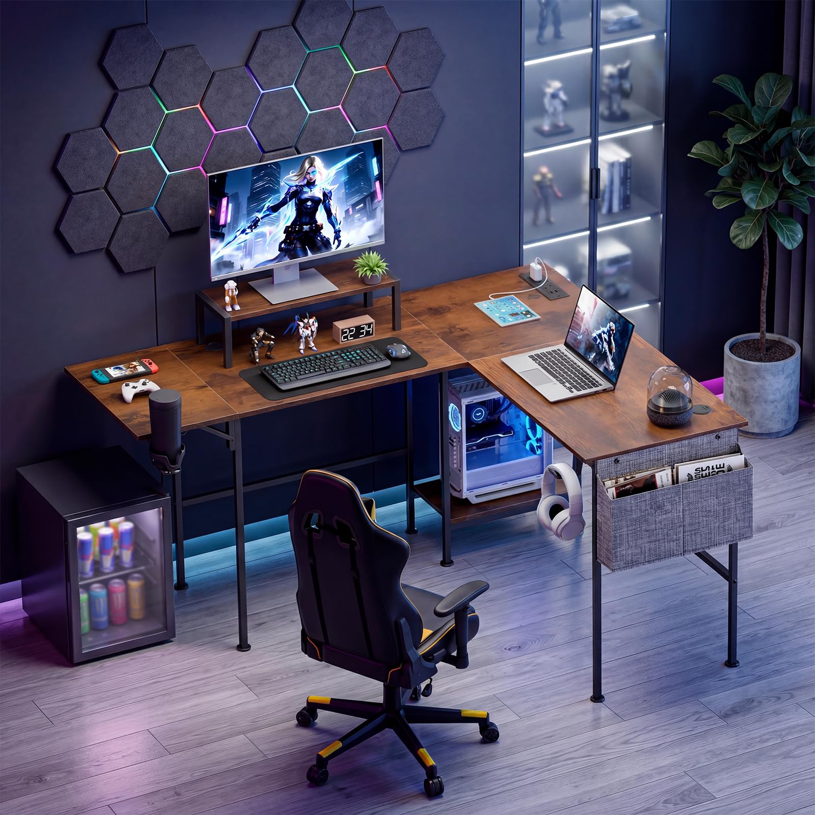 L Shaped Computer Desk with Folding Desk Extender Tray &Power Outlet, Brown, Rustic Brown, (120-220)cm×50cmx74 cm - Image 9