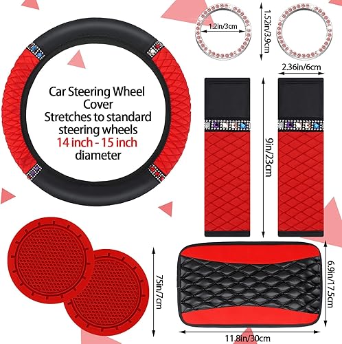 Miniatura 5 de Tallew Juego de 17 piezas de accesorios de coche negro y rojo para mujer, funda de cuero rojo para volante, cinturón de seguridad, almohadilla para