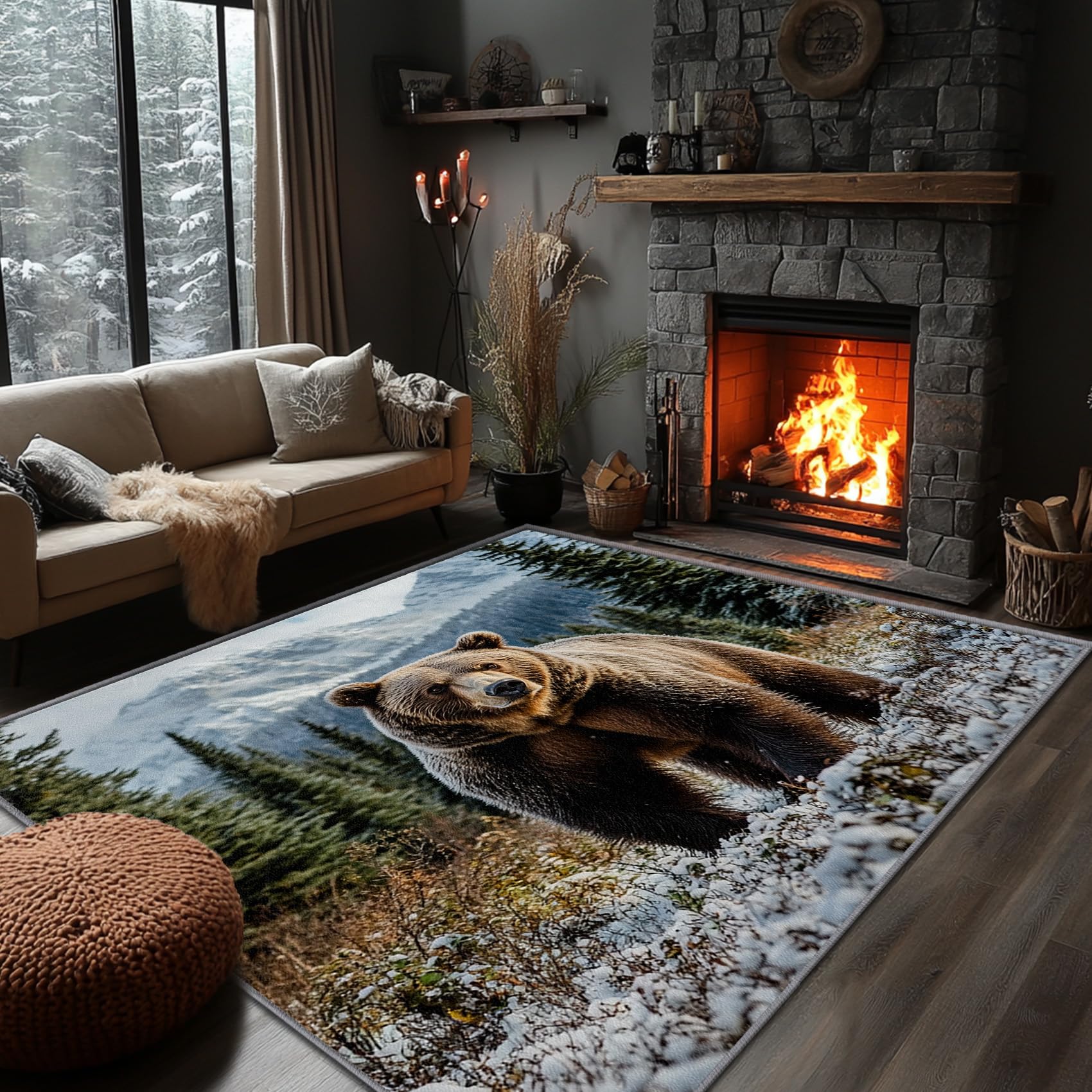 Yoozitrees Wildlife Rugs 5x7 - Bear Rug, 8x10 Rug, Grizzly Bear Wildlife Area Rug, Cabin Wild Animal Carpet, Washable & Non Slip & Soft Large Rugs,
