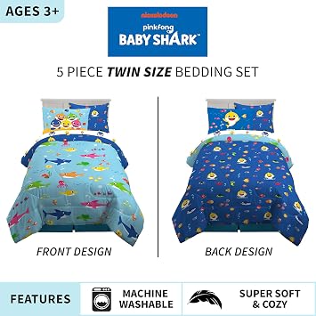 Franco Kids Bedding Super Soft Comforter and Sheet Set with Sham, 5 Piece Twin Size, Baby Shark