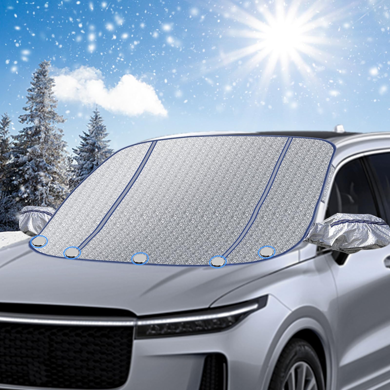 Robofun Bâche Pare-Brise Voiture 160×115 Cm - Anti-Givre Neige Soleil UV - Couverture Repliable Aimantée SUV & Voiture