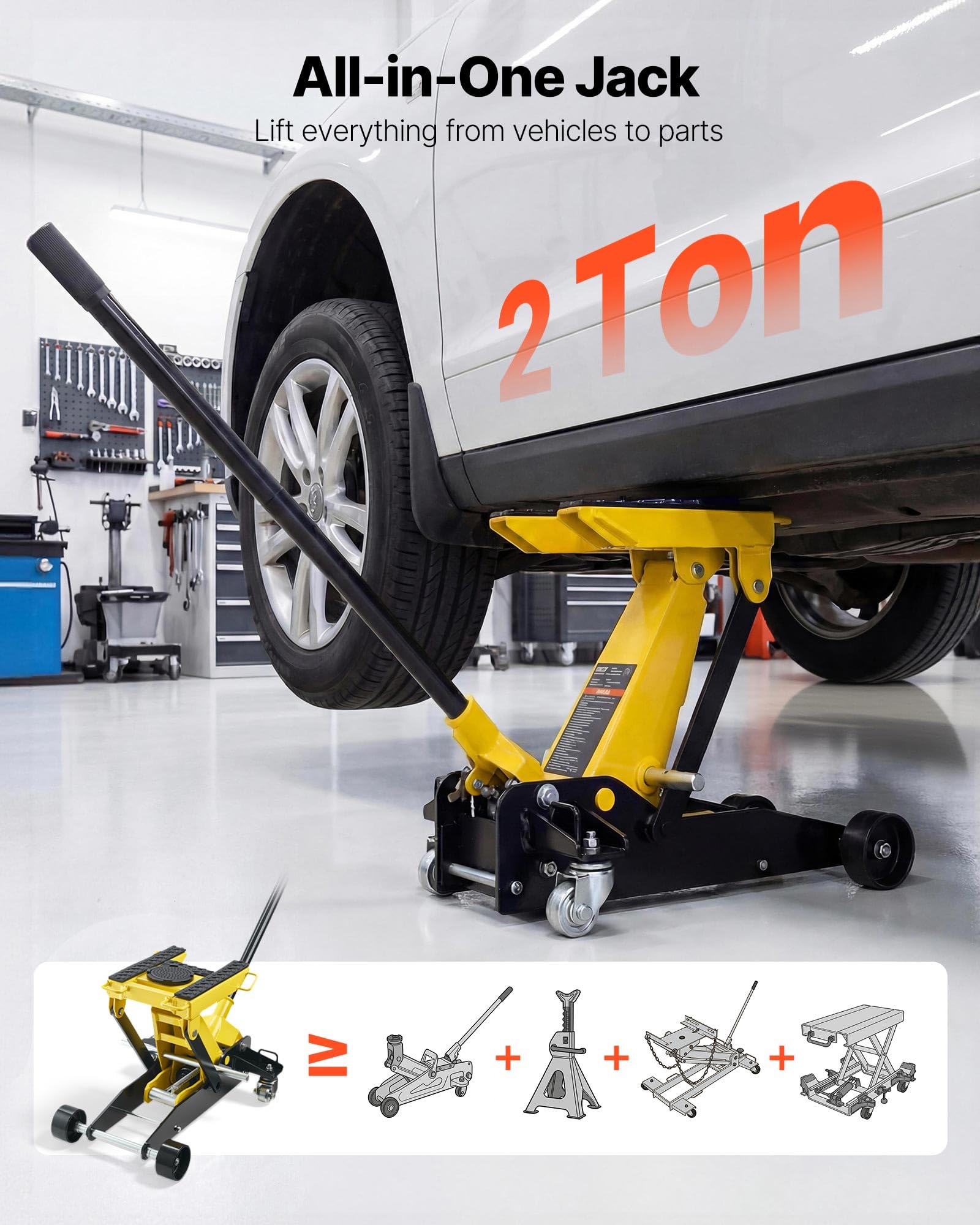 VEVOR Gato de Perfil Bajo Capacidad de 2 t, Gato Hidráulico de Acero con Bomba de Elevación Rápida de Un Solo Pistón, Rango de Elevación 150-435 mm, para Automóviles, Vehículos, Motocicletas
