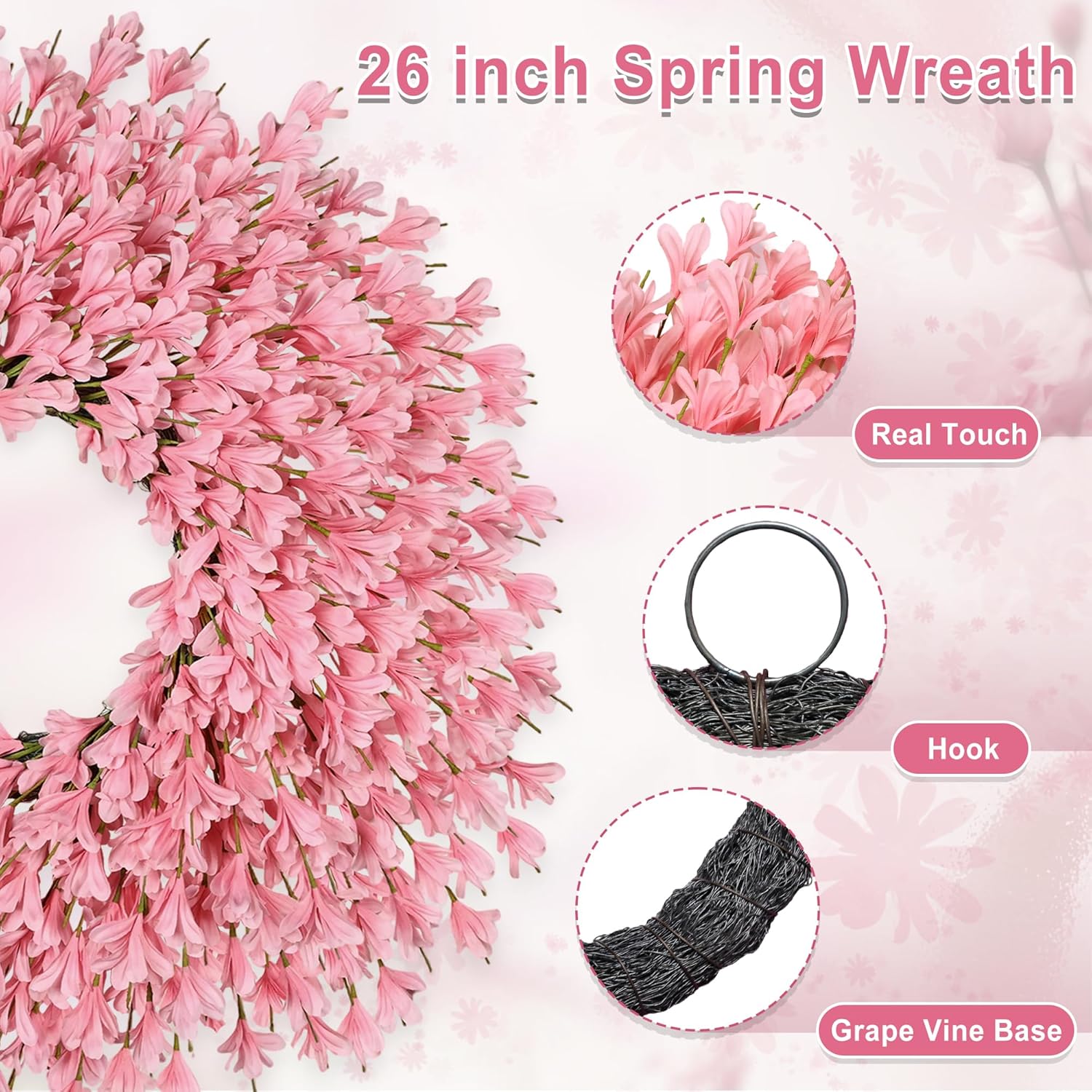 26 Inch Spring Wreaths for Front Door Large Easter Valentines Forsythia Floral Summer Spring Door Wreaths Outdoor All Season Spring Decorations for Home Porch Room Window Wall Farmhouse Decor (Pink-R)