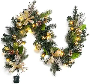 Prelit Christmas Garland, 6 Ft Battery Operated, Waterproof, Lighted for Mantle, Stairs, Table - Gold
