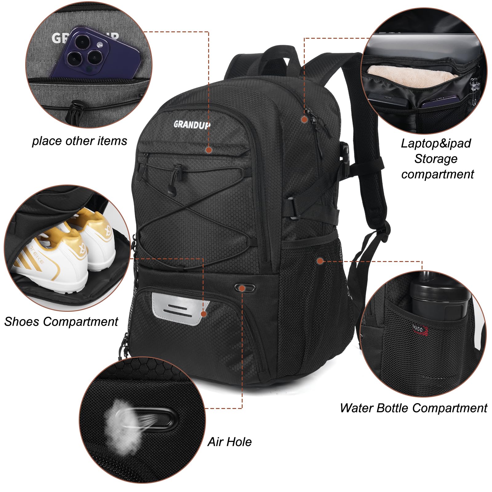 GRANDUP Mochila de baloncesto con compartimento para pelotas y zapatos. Se adapta a voleibol, fútbol, natación, gimnasio, viajes y escuela, bolsas de equipo de entrenamiento deportivo de gran