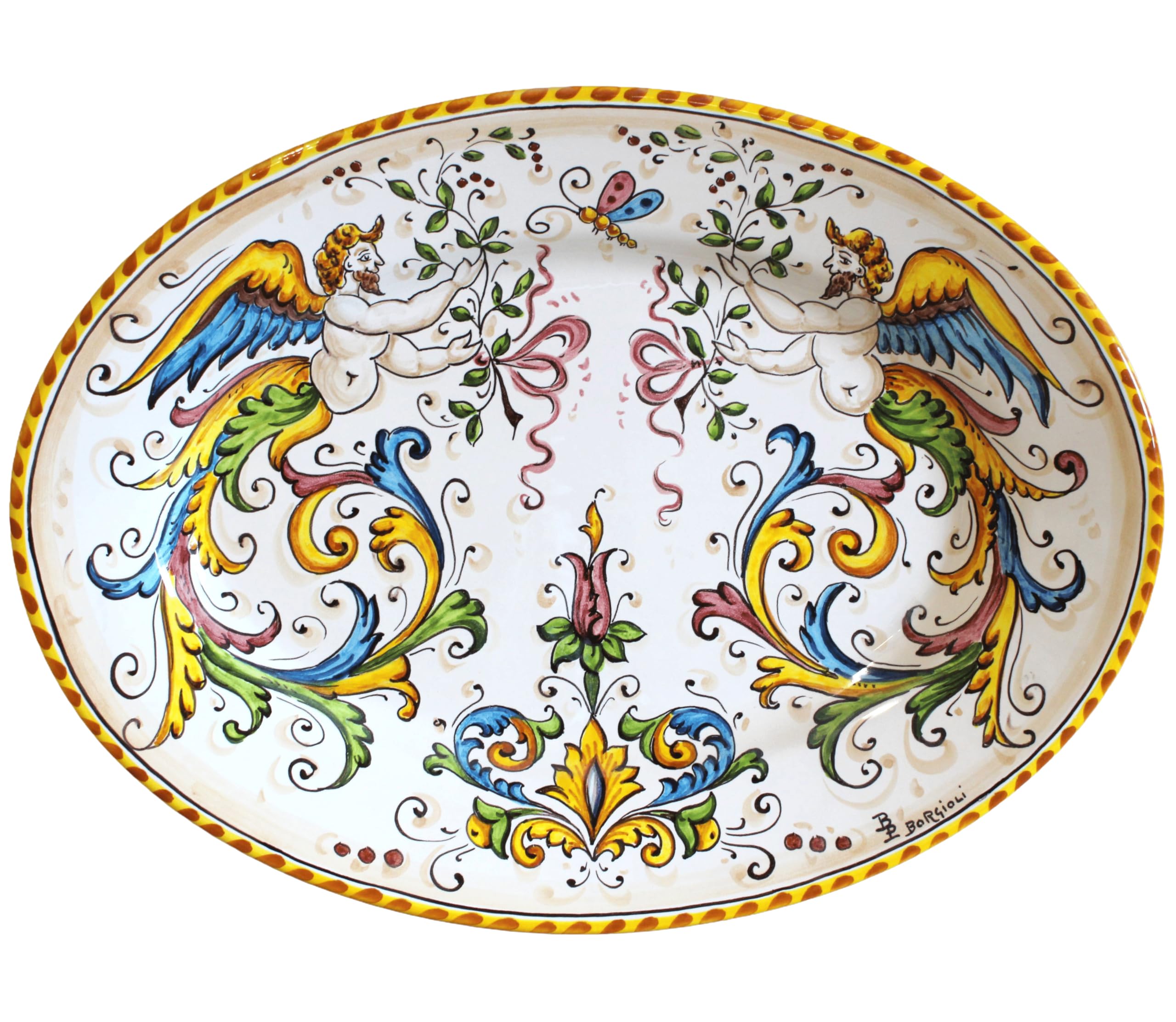 Vassoio Ovale in Ceramica Toscana 27 x 37 cm, Fatto e Dipinto a Mano in Italia, Raffaellesca