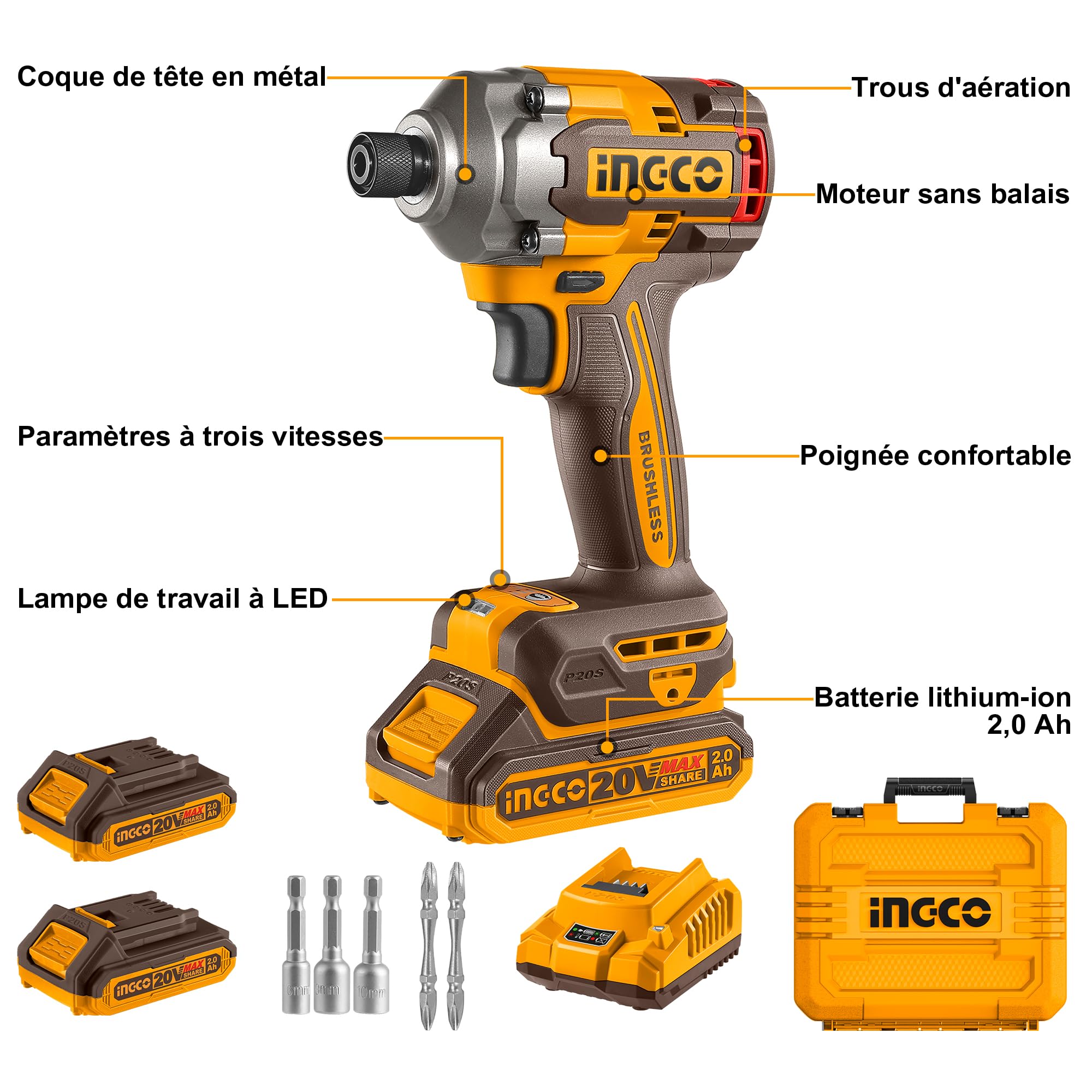 INGCO Visseuse à Chocs Sans Fil 20V, Moteur Sans Balais, 2600 tr/min, 285NM, 3 Vitesse Variable, Lumière de Travail LED avec 2 Batteries 2,0 Ah et 1 Chargeur CIRLI2028