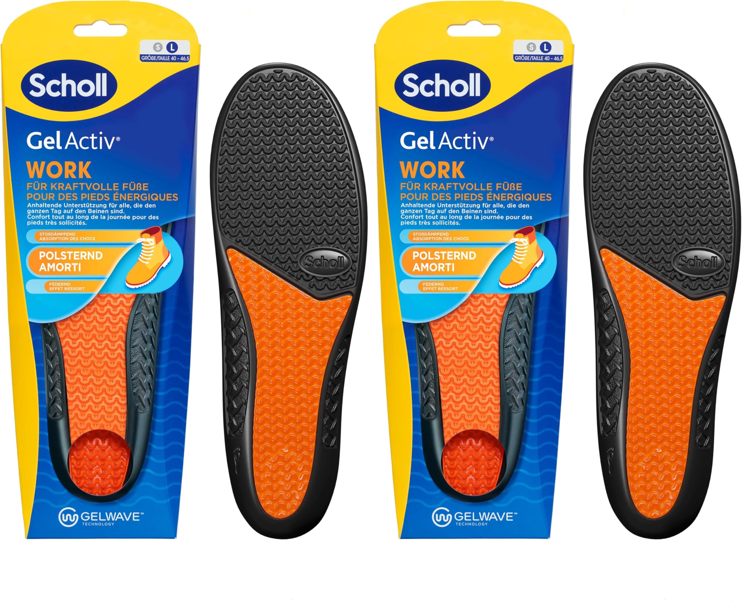 Scholl GelActiv Work Einlegesohlen für Männer, ganztägiger Komfort bei der Arbeit, hält die Füße frisch und kühl, Stoßdämpfung und komfortable Polsterung mit GelWave-Technologie, Größe 40.5-46