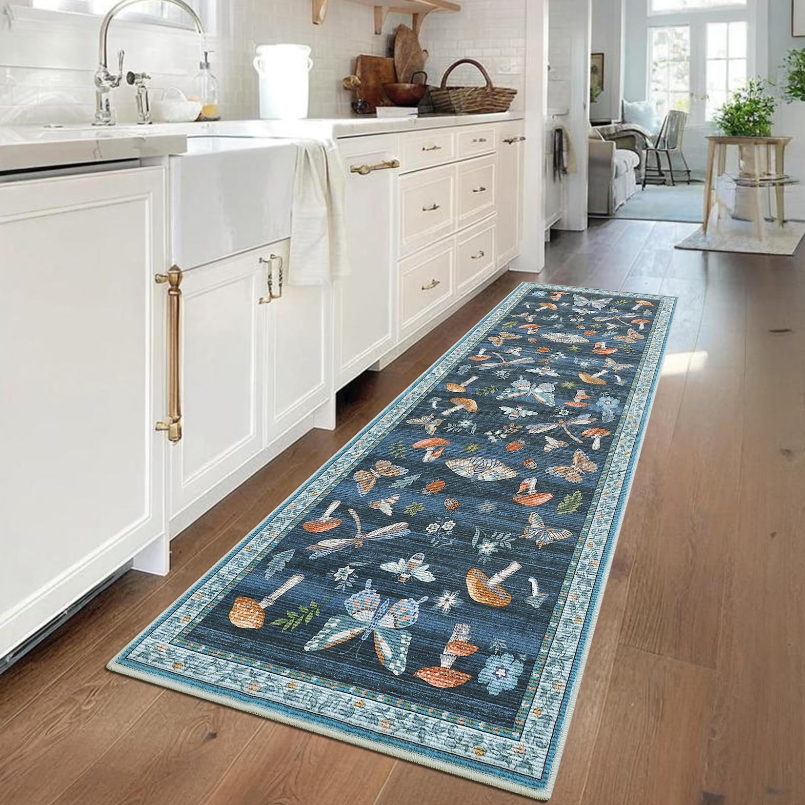 Photo 1 of 2.5x8 Runner Rug for Hallway Washable Kitchen Rugs Non Slip with Rubber Back Mushroom Soft Low-Pile Stain Resistant Foldable Indoor Carpet for Entryway Laundry Room Floor Mats Blue