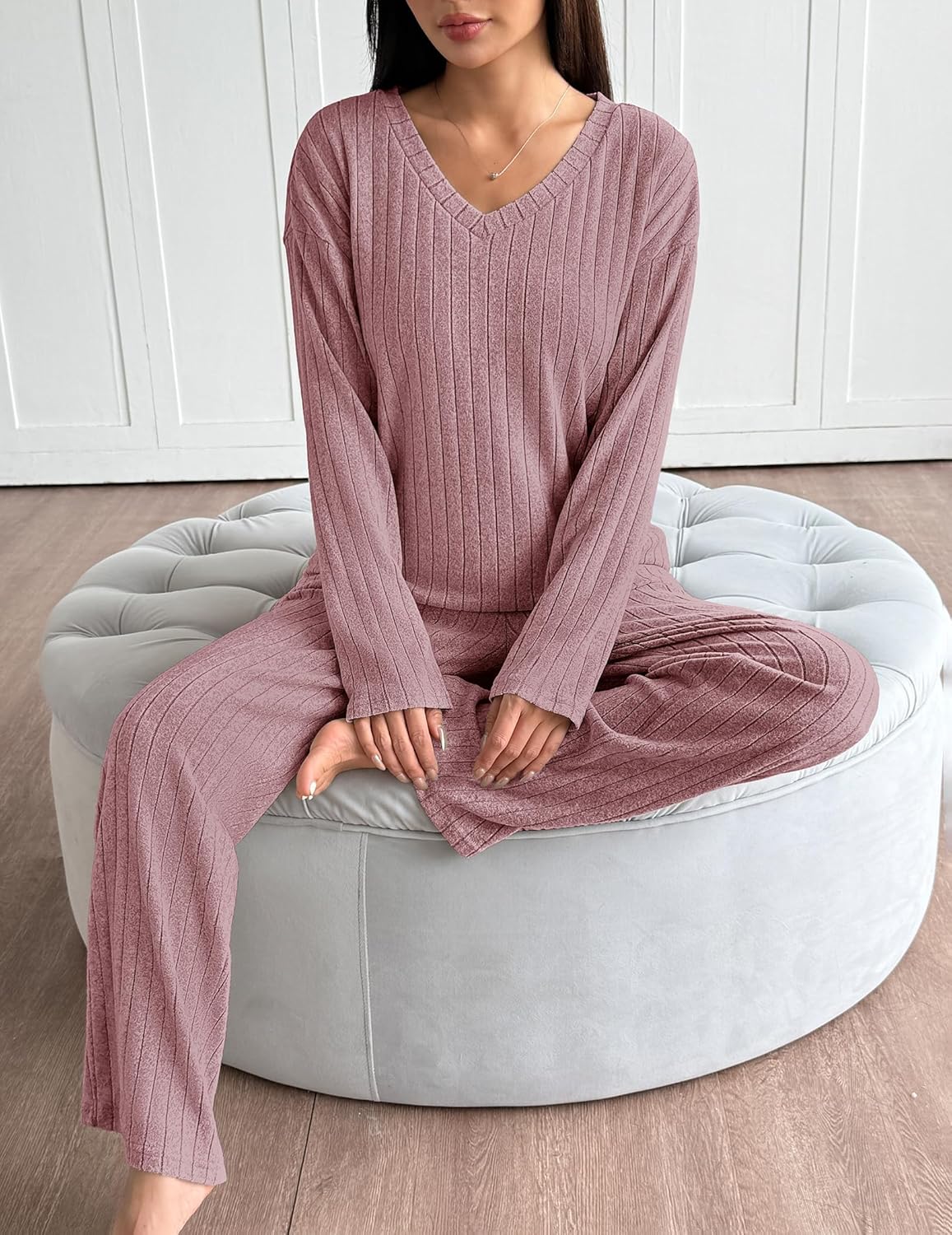 Ekouaer Lounge Sets for Women Long Sleeve Knit Ribbed Pajama Sets 2 Piece Casual Loungewear with Pockets Dusty Rose Large