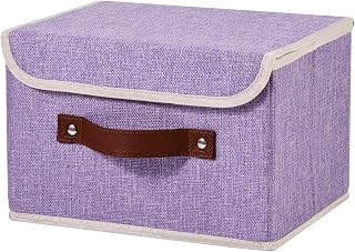 Storage Bins Box with Lids Decorative Cotton Linen Fabric Baskets | Foldable Washable Stackable Lidded Clothes Container, Shelf Closet Organizer, w/ PU Leather Handles & PP Boards, Purple-Small